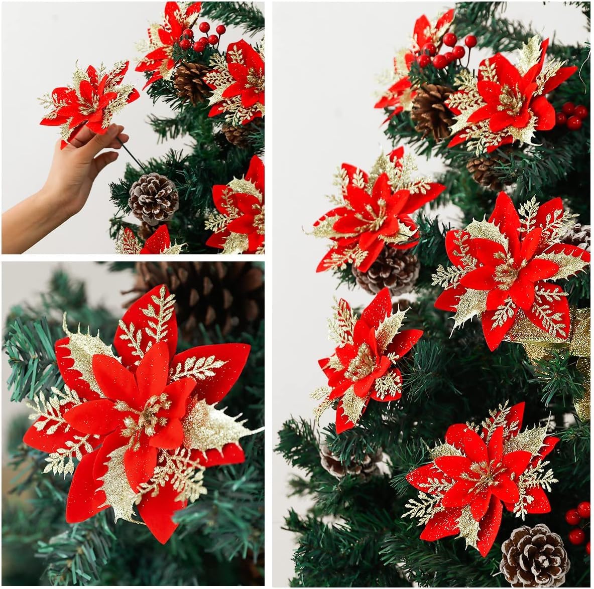 Glamifirsto 5 Artificial Gold Red Poinsettia Flowers Decorations and Stems Glitter Christmas Tree Ornaments Wedding Party Wreath Decor for Xmas Tree DIY Wreath Garland Decoration 1