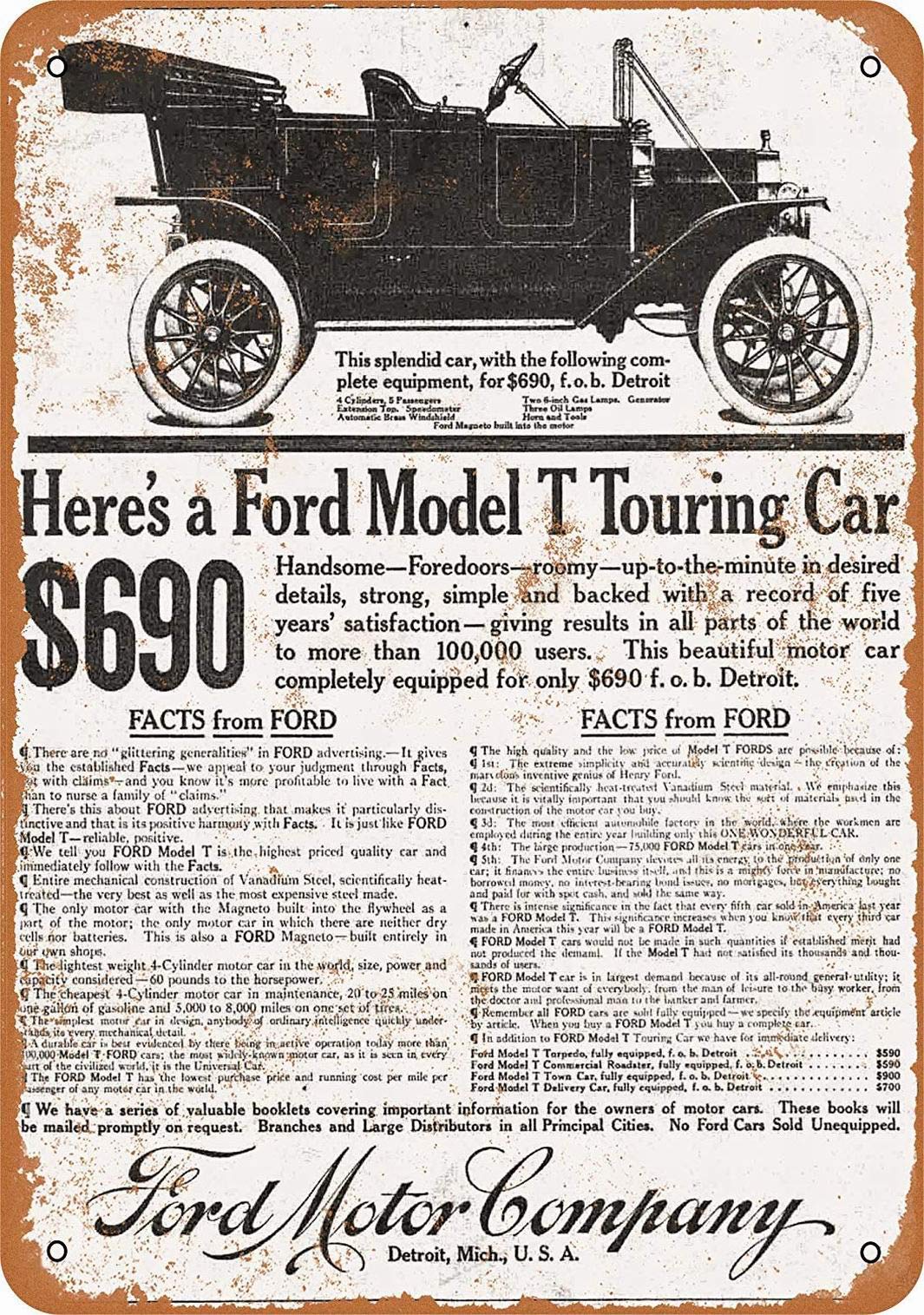 Letrero de metal de 12 x 8 pulgadas - Ford Model T Touring Car - Arte decorativo de pared vintage