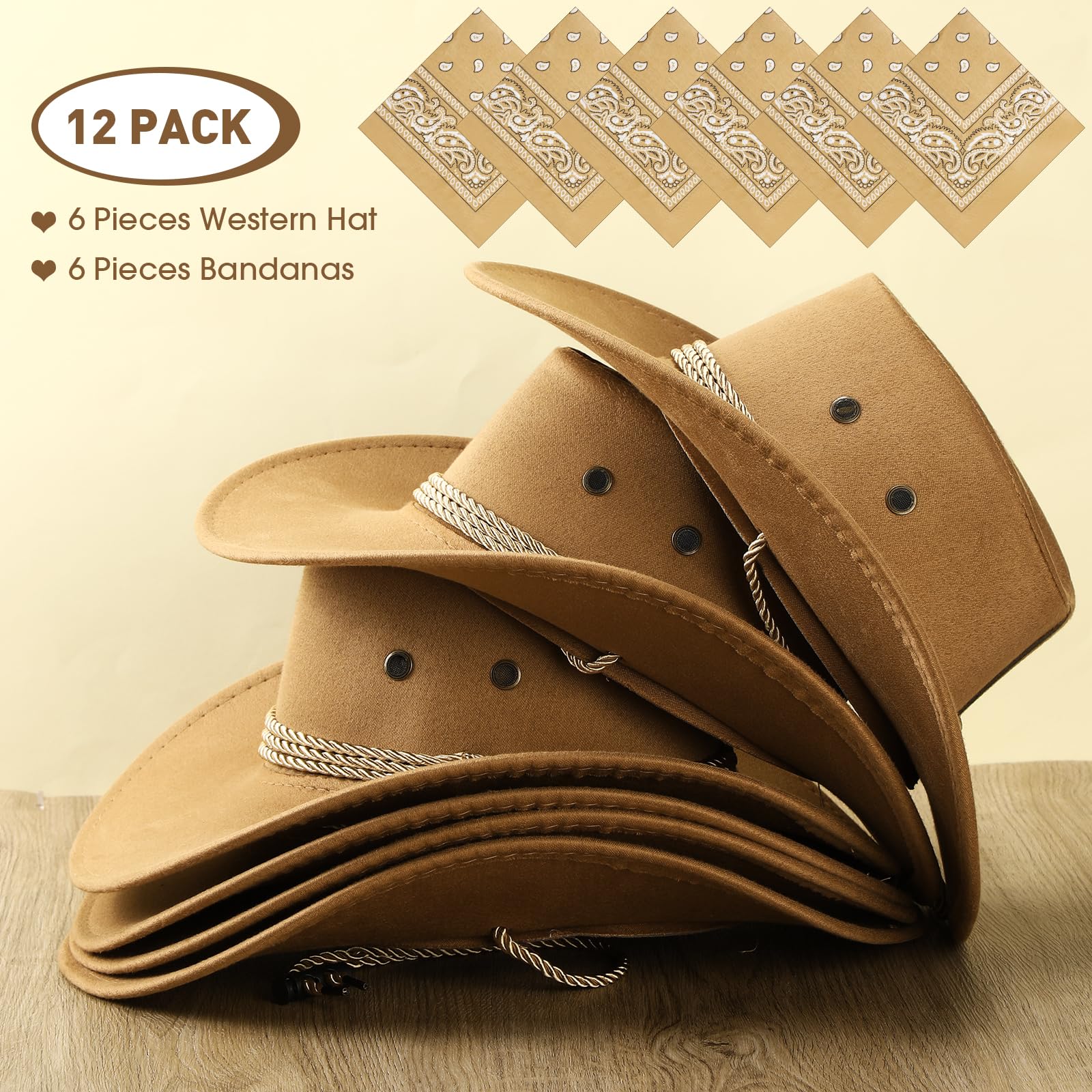 Condition photo showing Brand New for zhanmai 12 pcs cowboy hat and bandana cowboy cowgirl hats bulk western party costume halloween accessory