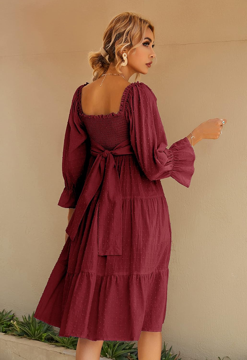 R.Vivimos Women's Summer Cotton Plaid Puff Sleeves Bow Casual Off-Shoulder Boho Midi Dress - Image 3