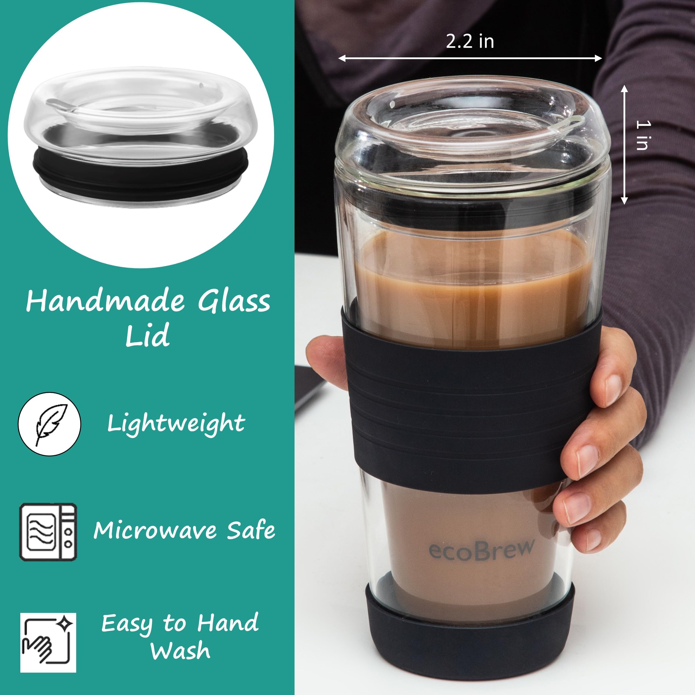 ecoBrew All Glass Lid - Replacement for ecoBrew Double Wall Glass Cups Fits 16oz & 12oz Glass Travel Mugs (Black) - Image 3