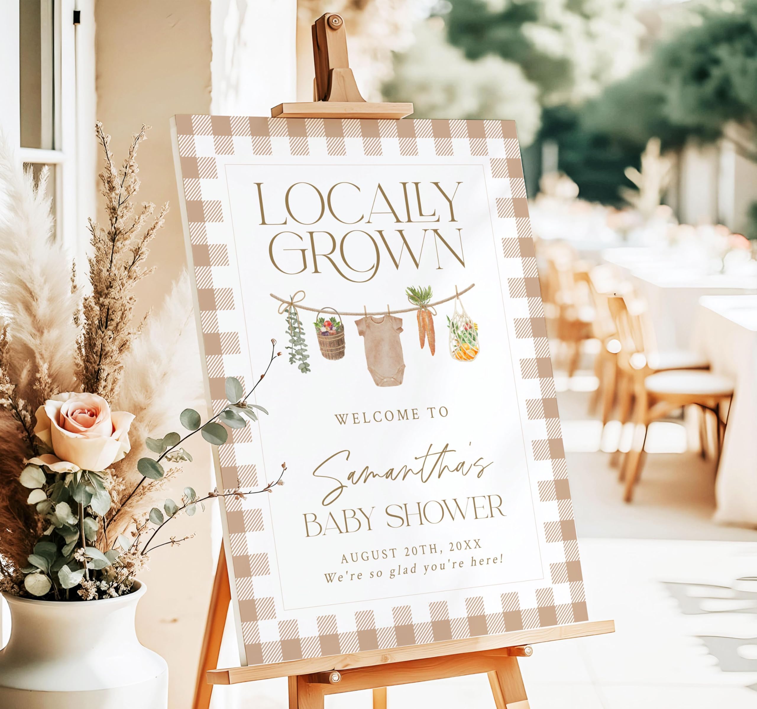 Locally Grown Baby Shower Welcome Sign, Farmers Market Baby Shower Welcome Sign, Boy Girls Poster Decor with Clothesline, Gingham Brown Party Decor, Personalized Party Sign Board Decorations
