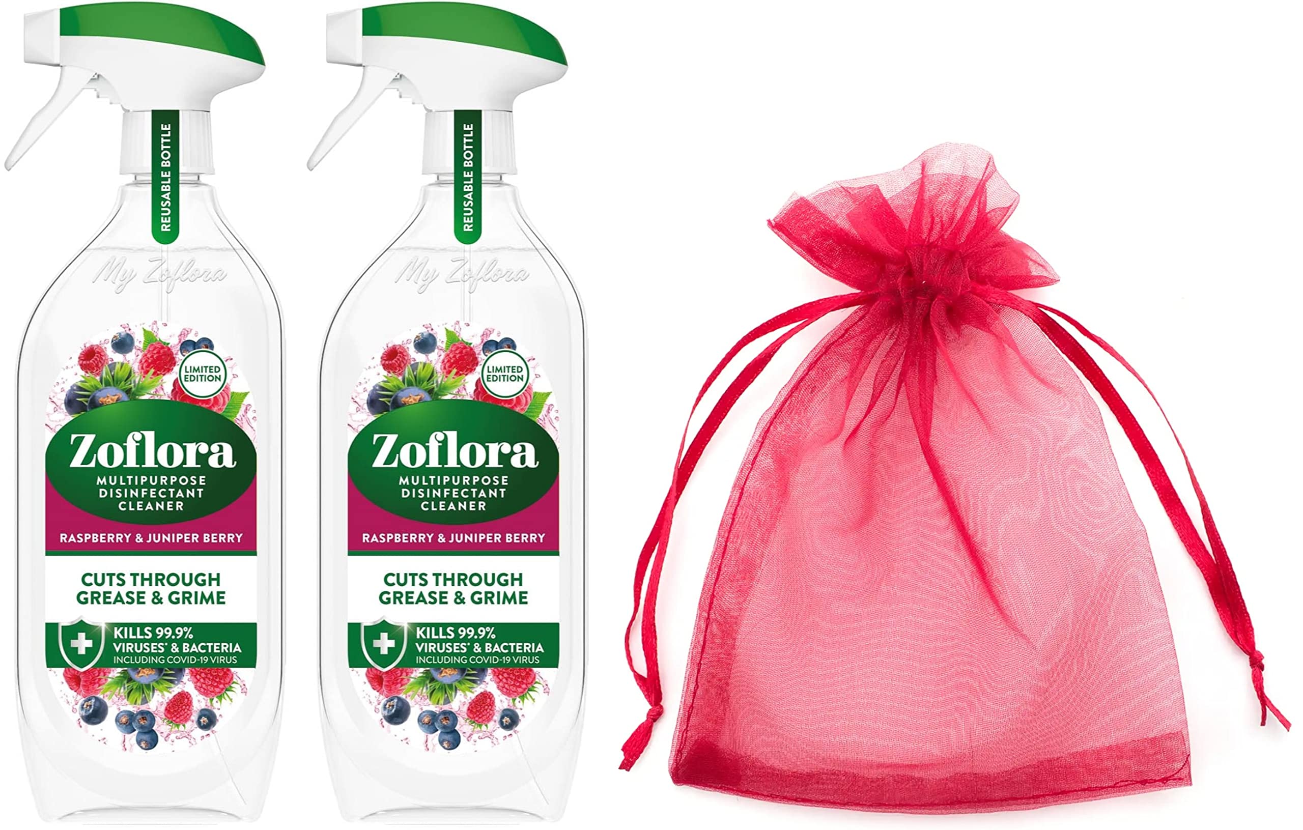 Zoflora Multi Purpose Disinfectant Cleaner Trigger Spray, Cuts Through Grease and Grime, Pack of Two, 2 x 800 ml, Raspberry & Juniper Berry Scent + Our Gift for You - Organza Bag Size 9 x 7 x 0.1 cm