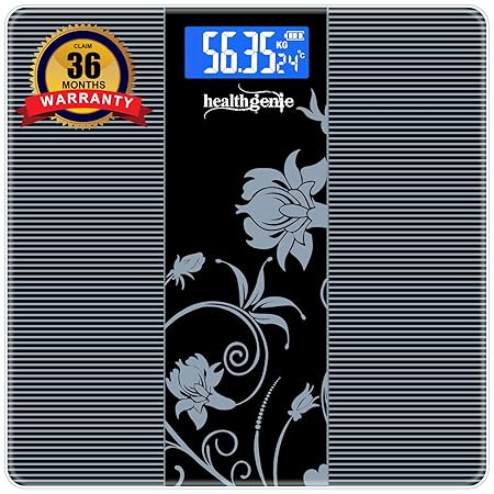 Healthgenie Weight Machine For Body Weight Digital Weighing Scale Thick Tempered Glass LCD Display with 3 Year Warranty & Batteries HD-221 (93 Black)