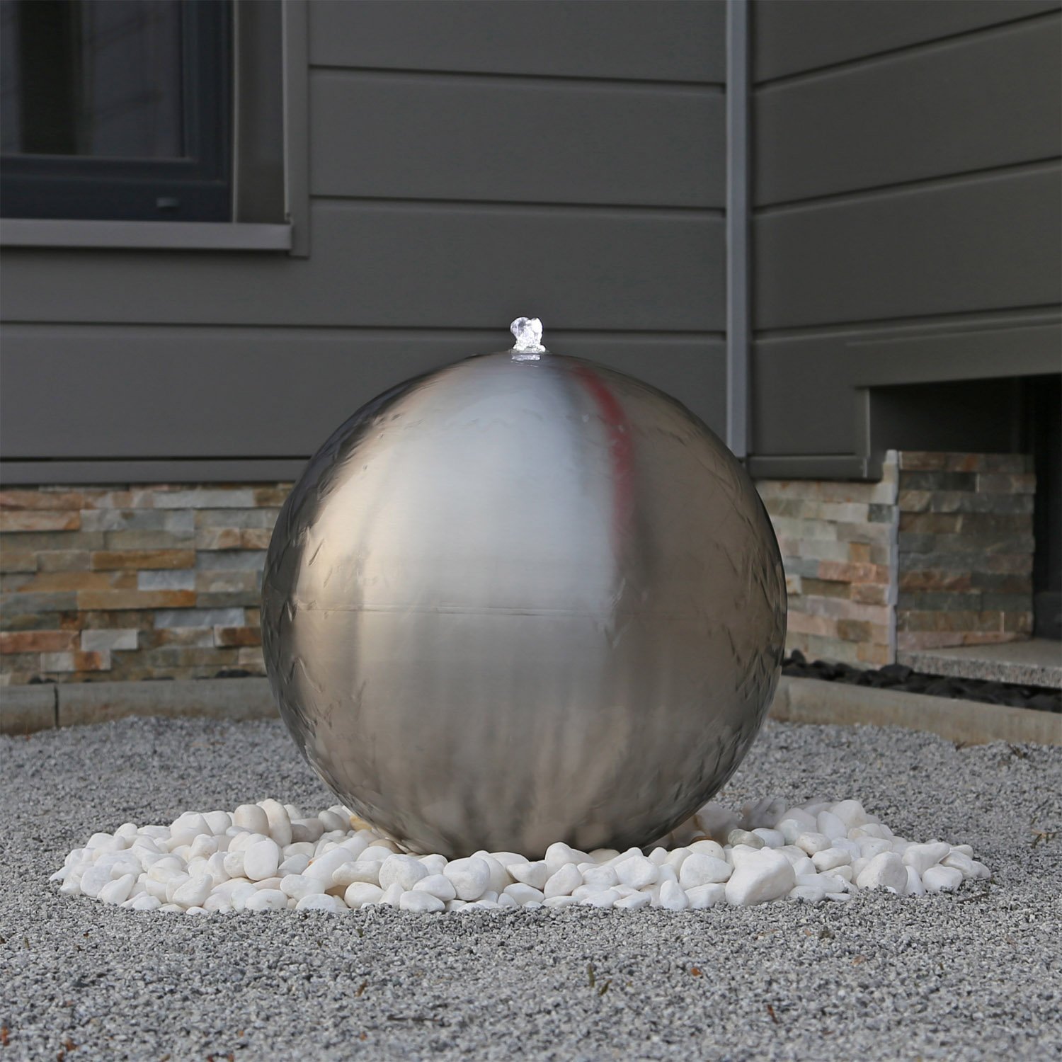 CLGarden 48cm großer Edelstahl Kugel Springbrunnen ESB5 gebürstet Kugelbrunnen mit LED Beleuchtung