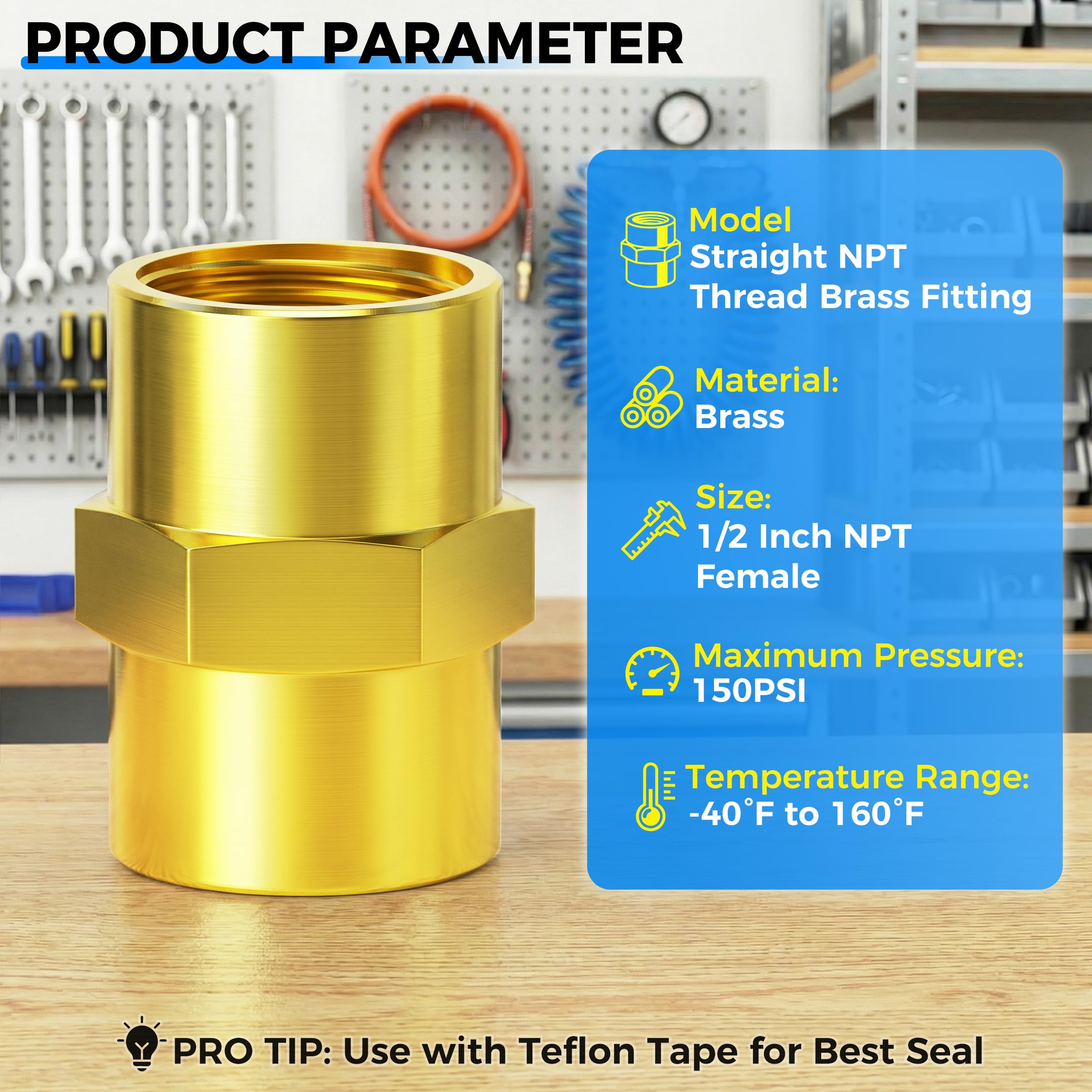 TAILONZ PNEUMATIC Raccordo esagonale per tubo femmina NPT da 1/2", in ottone, confezione da 15