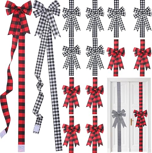 Yinkin 16 lazos de cinta de gabinete de Navidad de 10 x 87 pulgadas, cintas y lazos de puerta a cuadros de búfalo, decoración moderna de Navidad