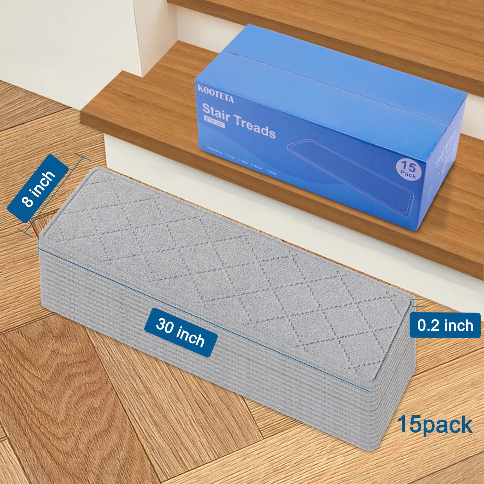 Stair Treads for Wooden Steps Indoor, 15 Pack 8" X 30" Non Slip Carpet Stair Treads with Reusable Adhesive for Kids Elders and Dogs, Surface Polyester TPR Backing Stair Rugs, Grey