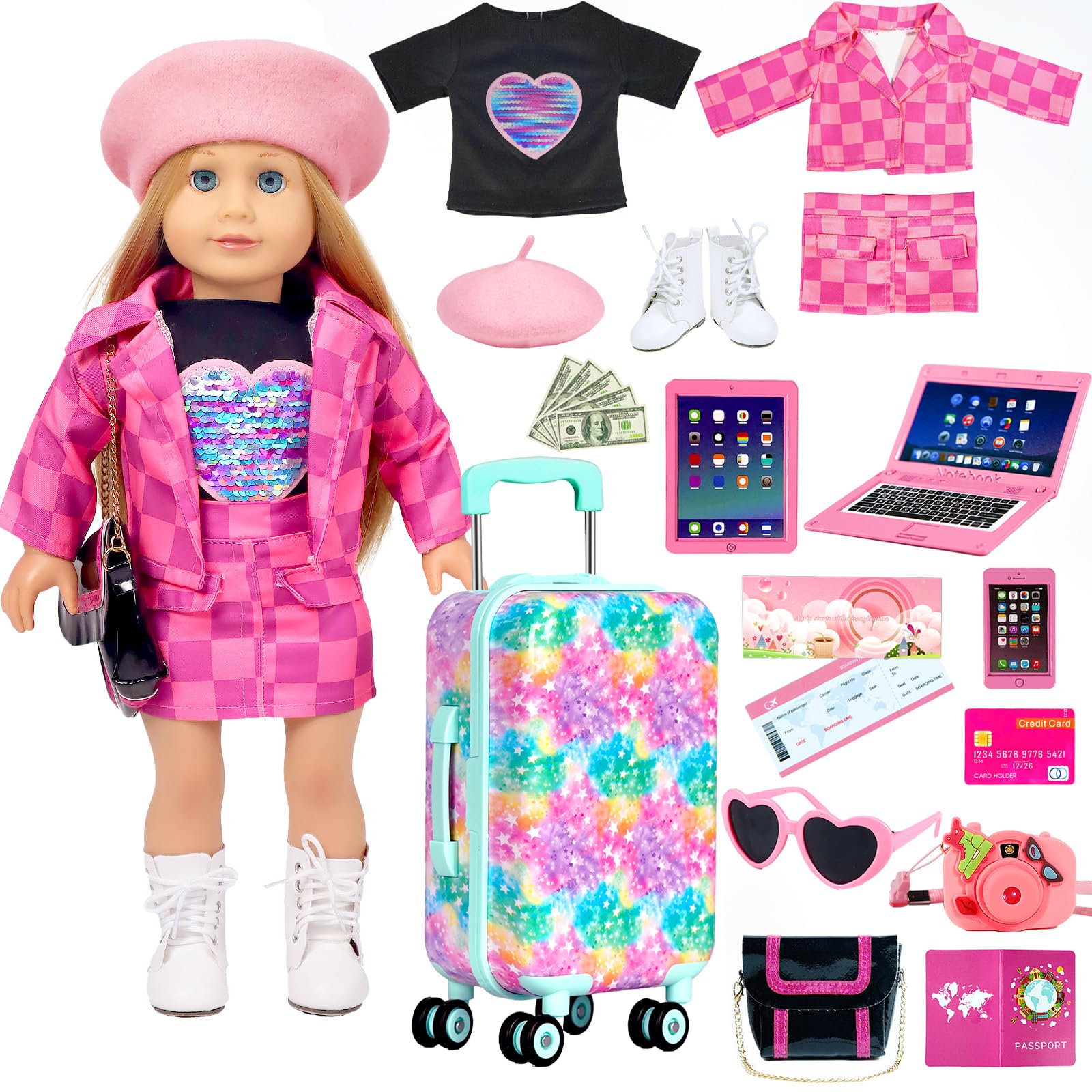 ARTST American 18 Inch Doll Suitcase Accessories and Clothes Outfit Set
