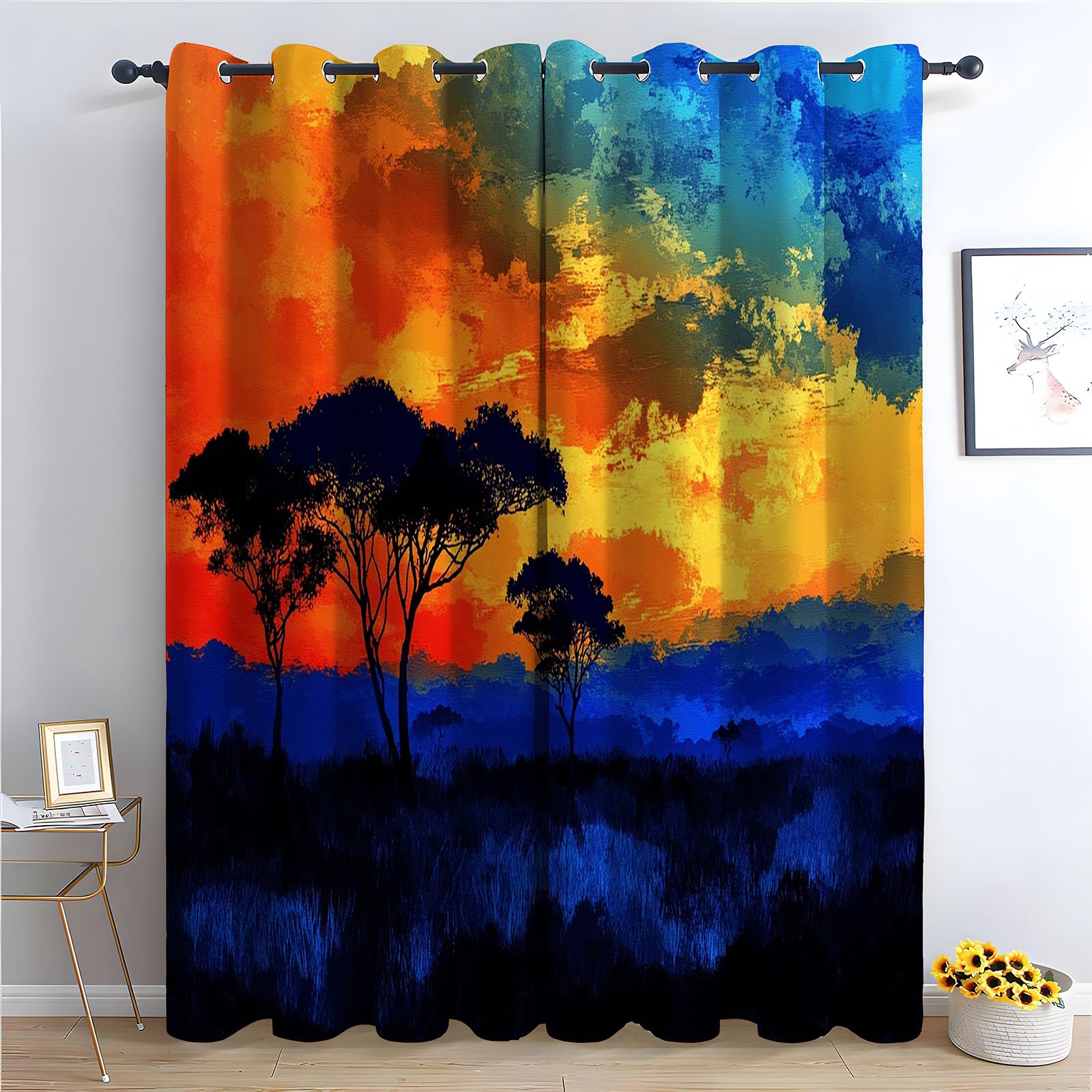 TERUEA Blackout Curtains for Home Living Room Bedroom Window Drapes, Savanna sunset silhouette trees Curtains Mordern Home-52 W x 72" L (Pack of 2)