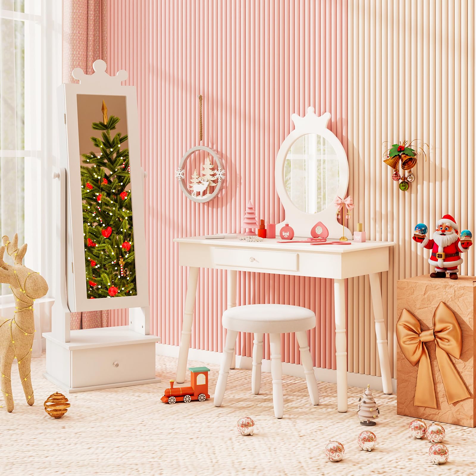 COSTWAY Armario de Joyería para Niños con Espejo y 3 Cajones, 2 Ángulos de Inclinación Ajustables y Sistema Antivuelco, Espejo Vestidor con Forma de Corona para Niños de 3+ Años (Blanco)