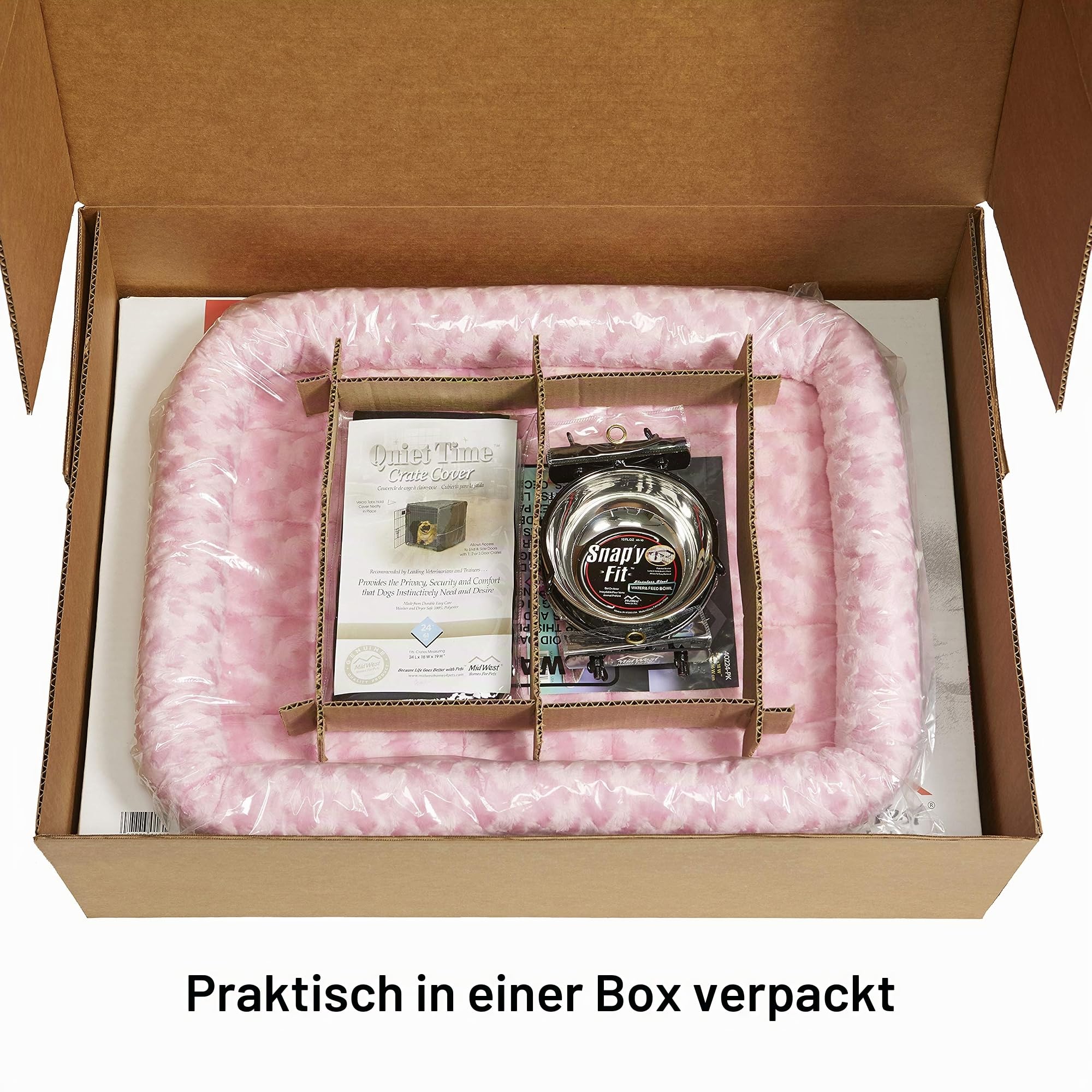 MidWest Homes for Pets Pink Fashion iCrate Hundebox-Starterset, für kleine Hunde, inklusive Hundebox, Haustierbett, 2 Näpfe und Sichtschutz, modisch rosa, 61 cm