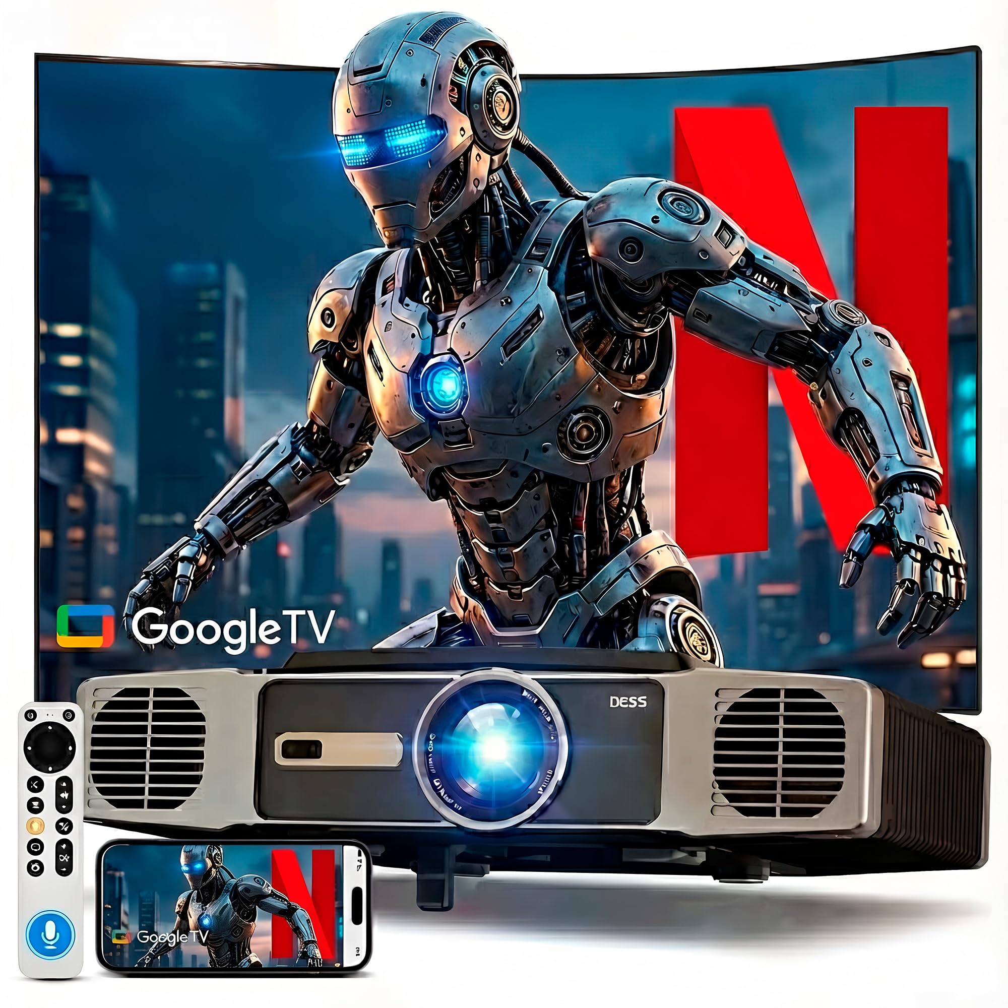 Proyector Unicview Dess C5 Enterprise, [Google TV y 2500 ANSI], Innovador Sistema de Auto elevación motorizado, HDR, Certificado, Soporte 4K con WiFi 6 y Bluetooth, Enfoque y Keystone automáticos