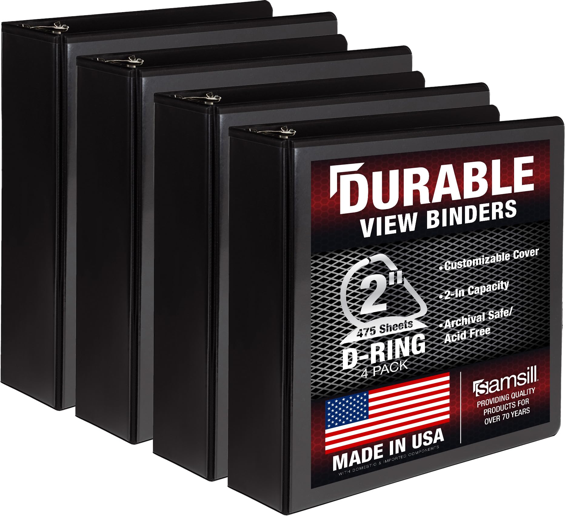 Samsill Durable 2 inch 3 Ring Binder, Made in USA, D Ring Binder, FSC 100% Recycled Chipboard, Black, 4 Pack — image 1