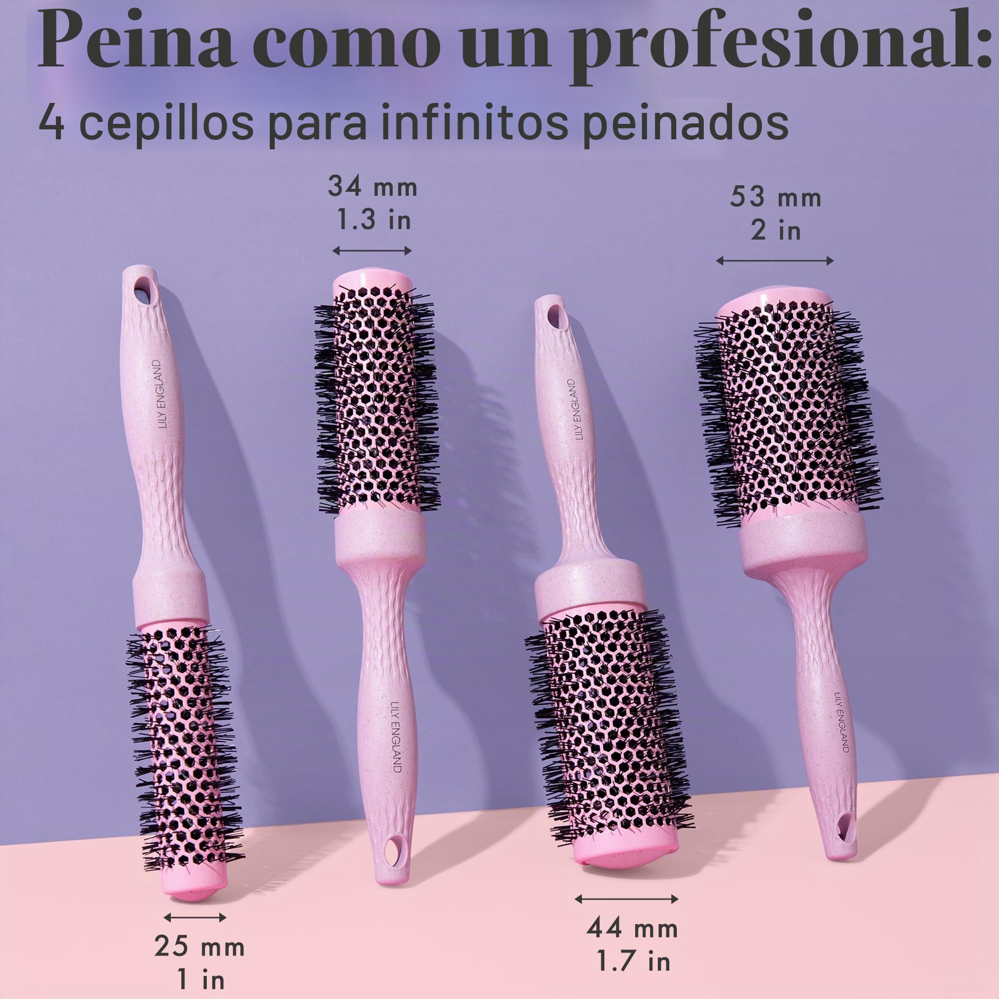 Lily England Set de 4 Cepillos Redondos Profesionales para Secador Rosa
