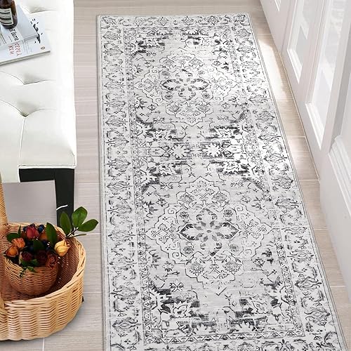 GAOMON Alfombra de pasillo lavable de 2 x 6 pies, alfombras vintage para sala de estar con parte trasera antideslizante, alfombra de pelo bajo para