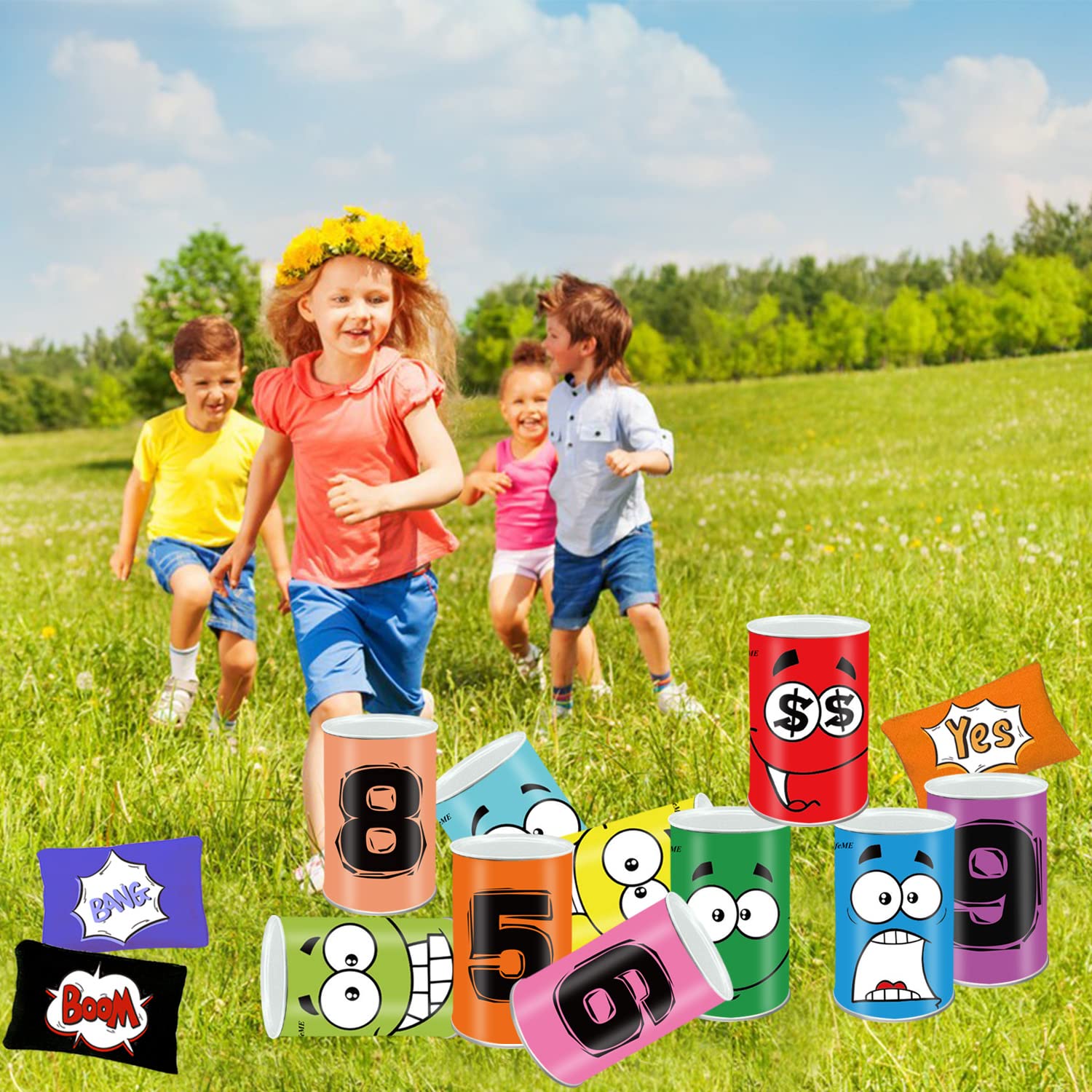 Tiro al Barattolo, Gioco del Barattolo di Latta per Bambini, Bersaglio Gioco di Latta con 10 Pezzi Sorriso Tin Can Alley + 3 Pezzi Beanbags + 3pcs Medaglie, Lattine Giocattolo Regalo per Festa