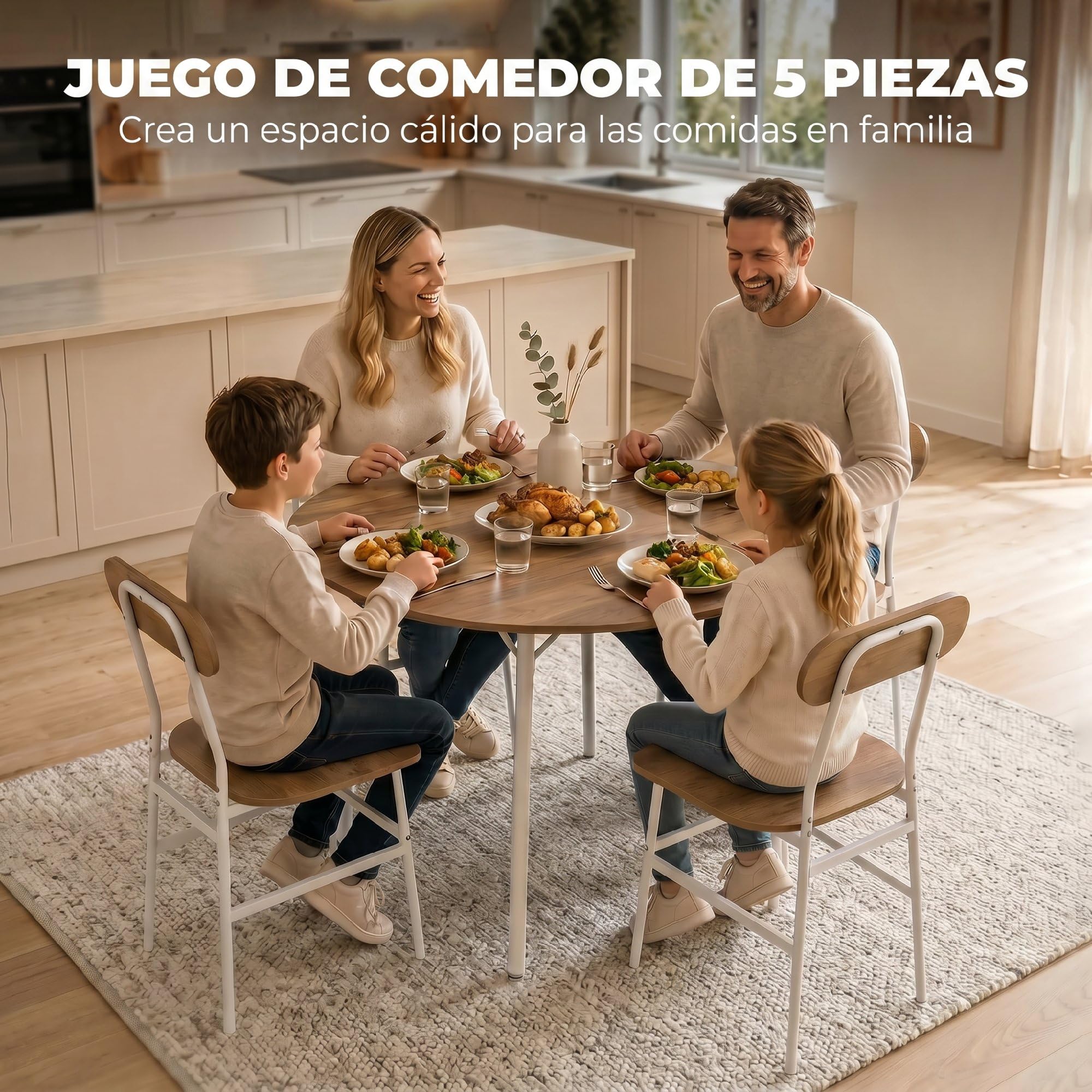 HOMCOM Juego de Mesa y Sillas de Comedor Compact de 5 Piezas Natural Blanco | Mesa de Cocina Redonda con 4 Sillas, Estilo Industrial, Marco Metálico, para Espacios Pequeños, Salón