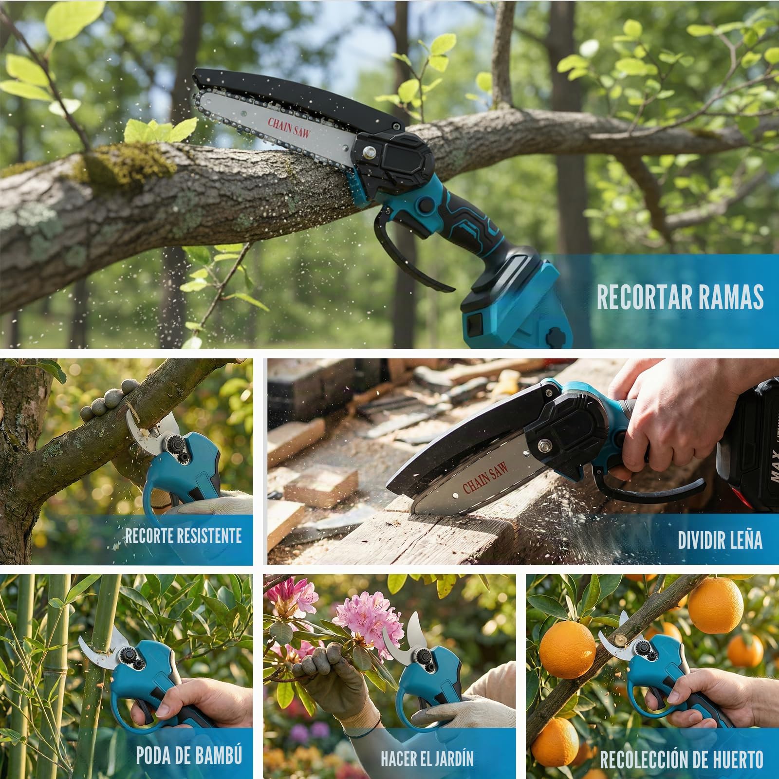 Podadora de pértiga inalámbrica 4 en 1 con mango telescópico - Motosierra de 6 pulgadas + tijera de podar de 32 mm + tijera de podar - Ángulo ajustable 180° - 2 baterías de 2,0 Ah para corte de árbole