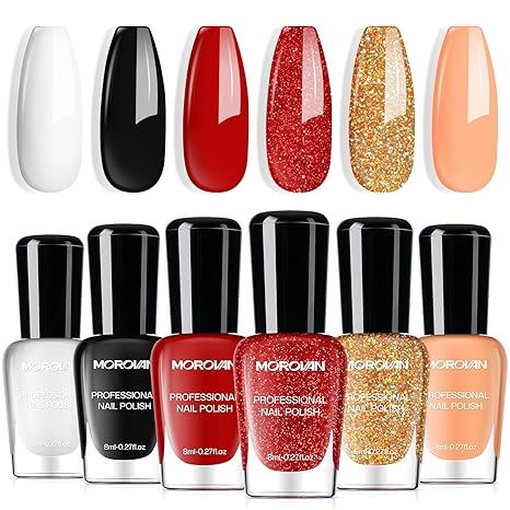 🔥Summer 2025 Nail Colors! Red, Black, White & Gold Glitter Polish Set