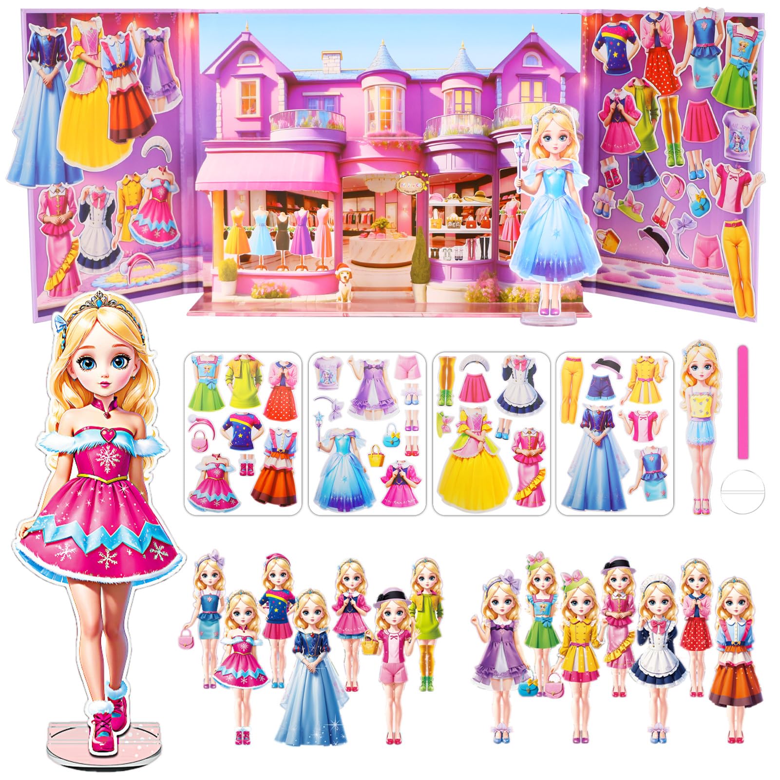 Magnetic Dress Up Dolls for Girls - Paper Doll Dress Up Game Stickers - 35 Piece Roleplay Magnetic Travel Playset, with 3D Store Wardrobe Game Scene, Paper Dolls for Girls Ages 4-7 (Amy)