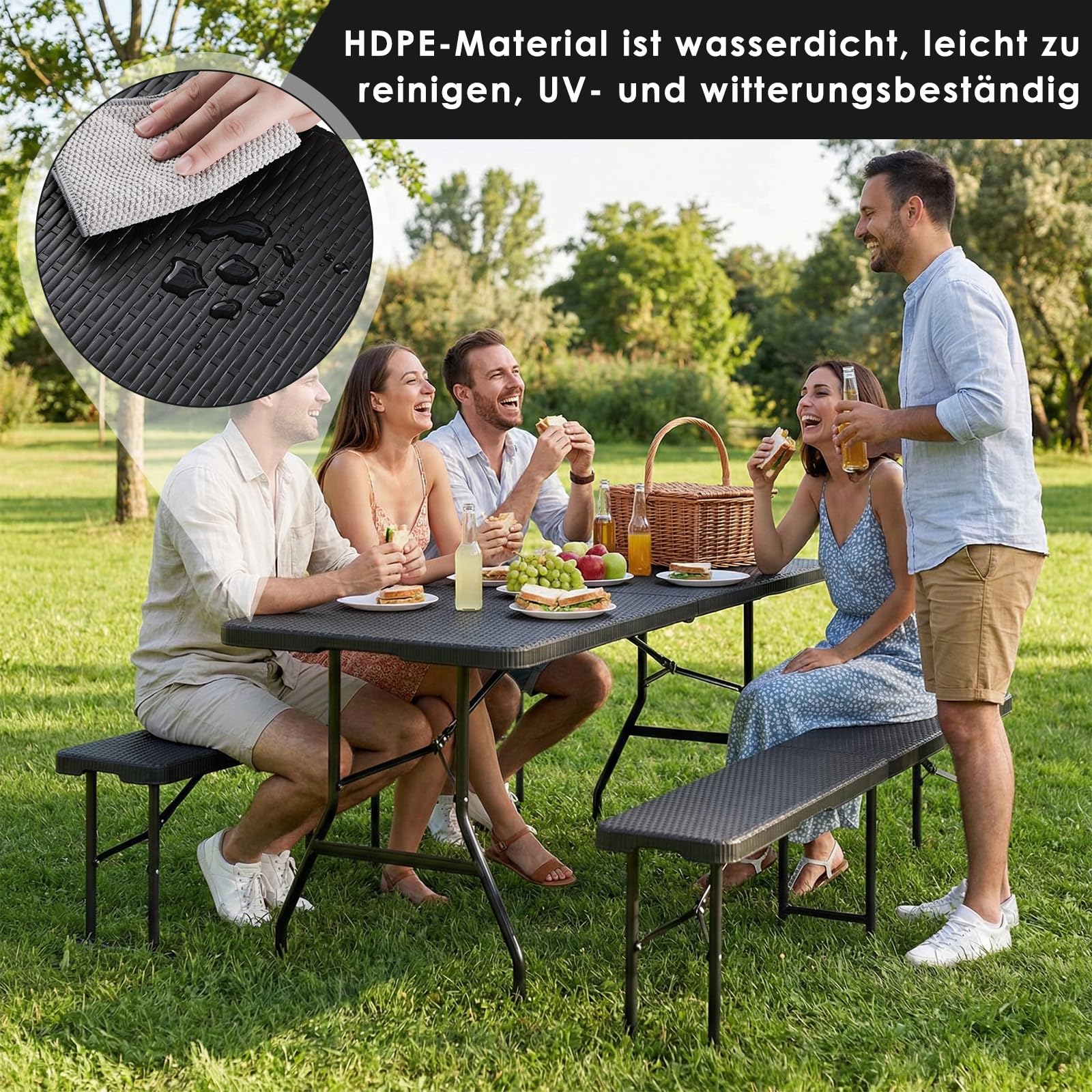 Ensemble Meubles de Jardin 180cm Inclure 1 Table Pliante et 2 pcs Bancs Pliable, Ensemble Table et Bancs de Jardin Plastique Imperméable HDPE,Table Camping pour Piquenique Réceptions, Rotin-Optique