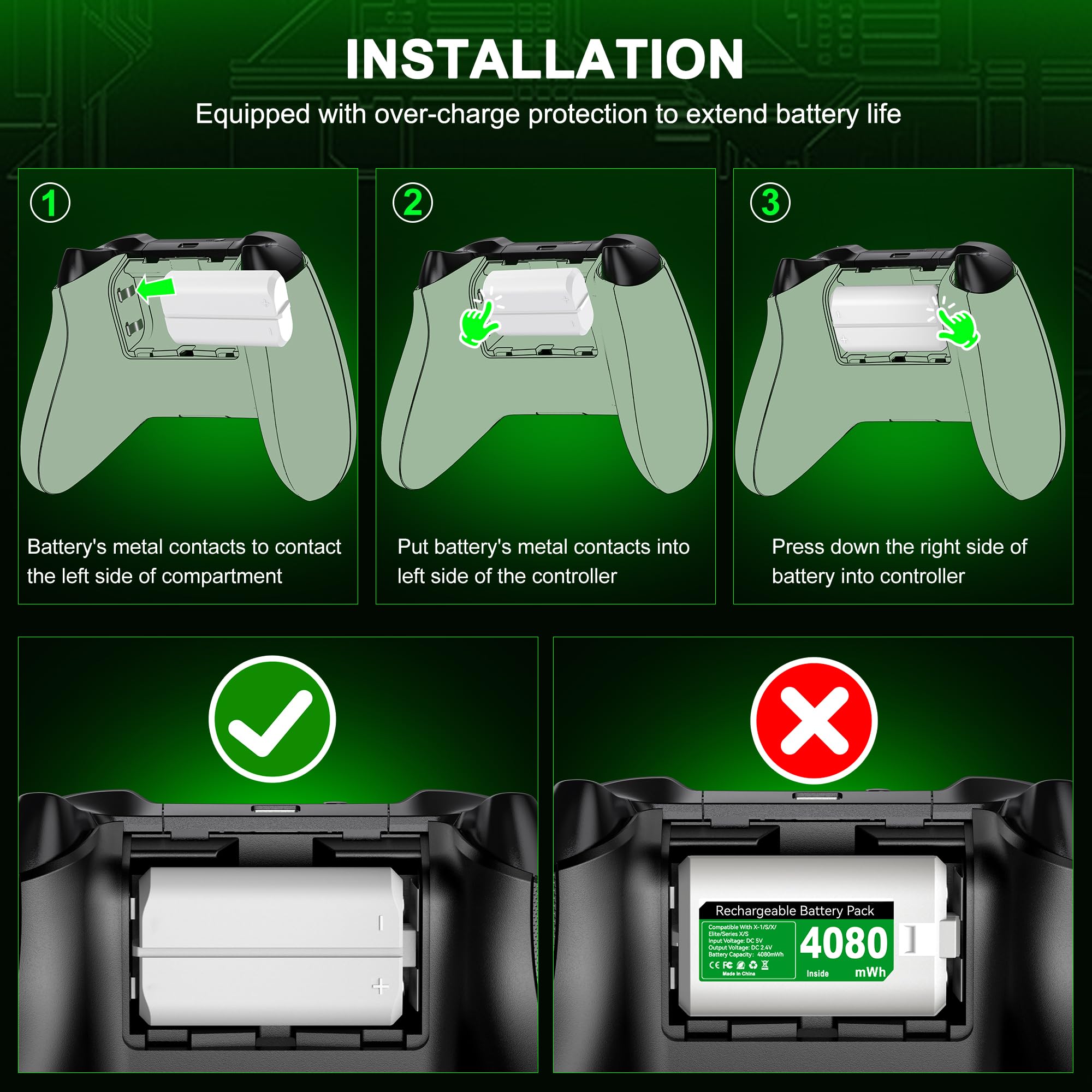 4 Stück 4080mWh Akku für Xbox One/Xbox Series X&S Controller, Xbox Controller Akku kompatibel mit Xbox One S/X/Elite,Xbox Series X/S Controller, Cooles Aussehen/12Std Spielzeit/LED Anzeige