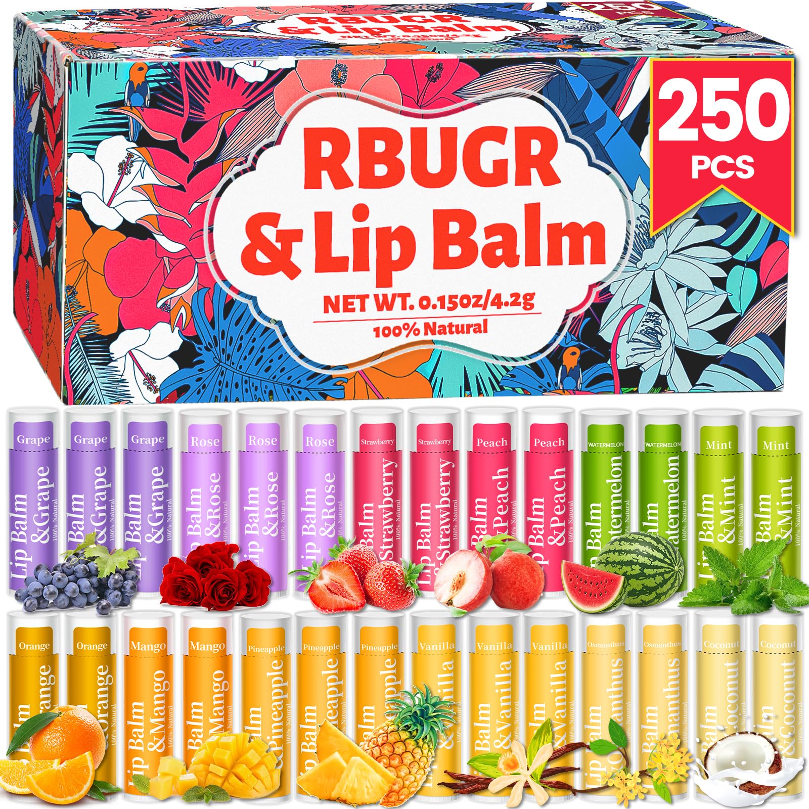 250 Pcs Lip Balm Bulk,12 Fruit Flavored Natural Bulk Lip Balm, Lip Balms Pack with Vitamin E, Lip Balms Gift Set Women Stocking Stuffers Party Favors, Moisturizing&Soothing(4.2g/0.15oz)