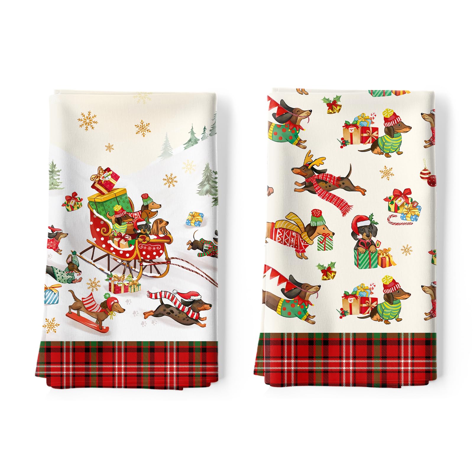 Arquiel Christmas Dachshund Tea Towels, 100% Cotton Kitchen Towel, Set of 2 โ image 1