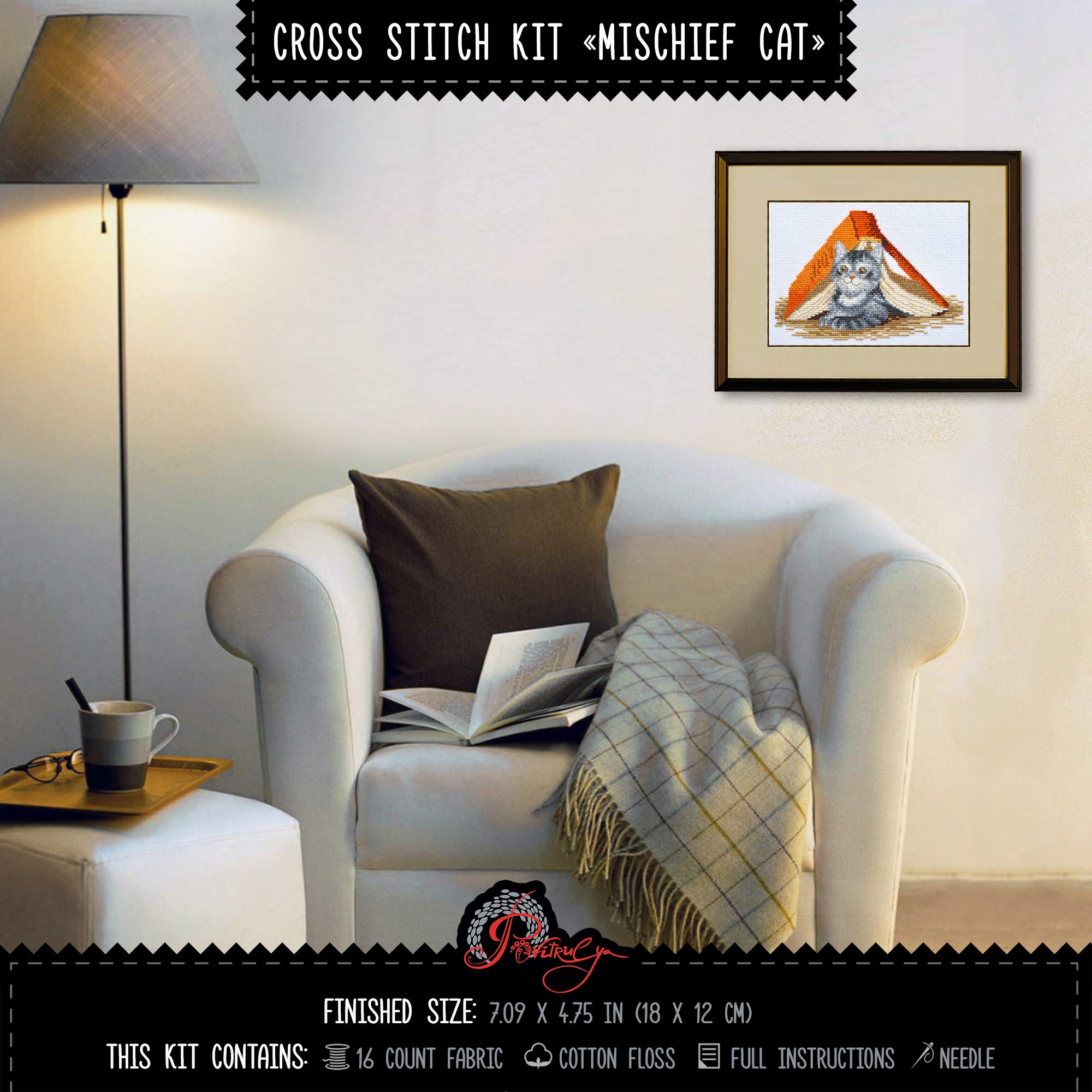 Kit de punto de cruz con diseño de gato con texto en inglés "Mischief Kitten"