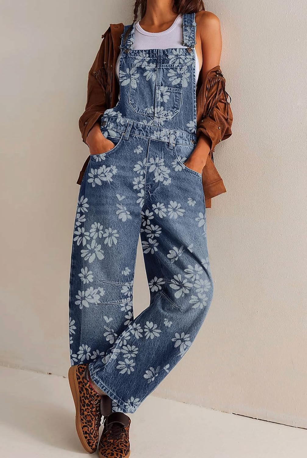 loveimgs Women Floral Print Denim Overalls Baggy Barrel Jeans Patchwork Denim Pants Y2k Straps Wide Leg Jumpsuit One Piece - Image 2