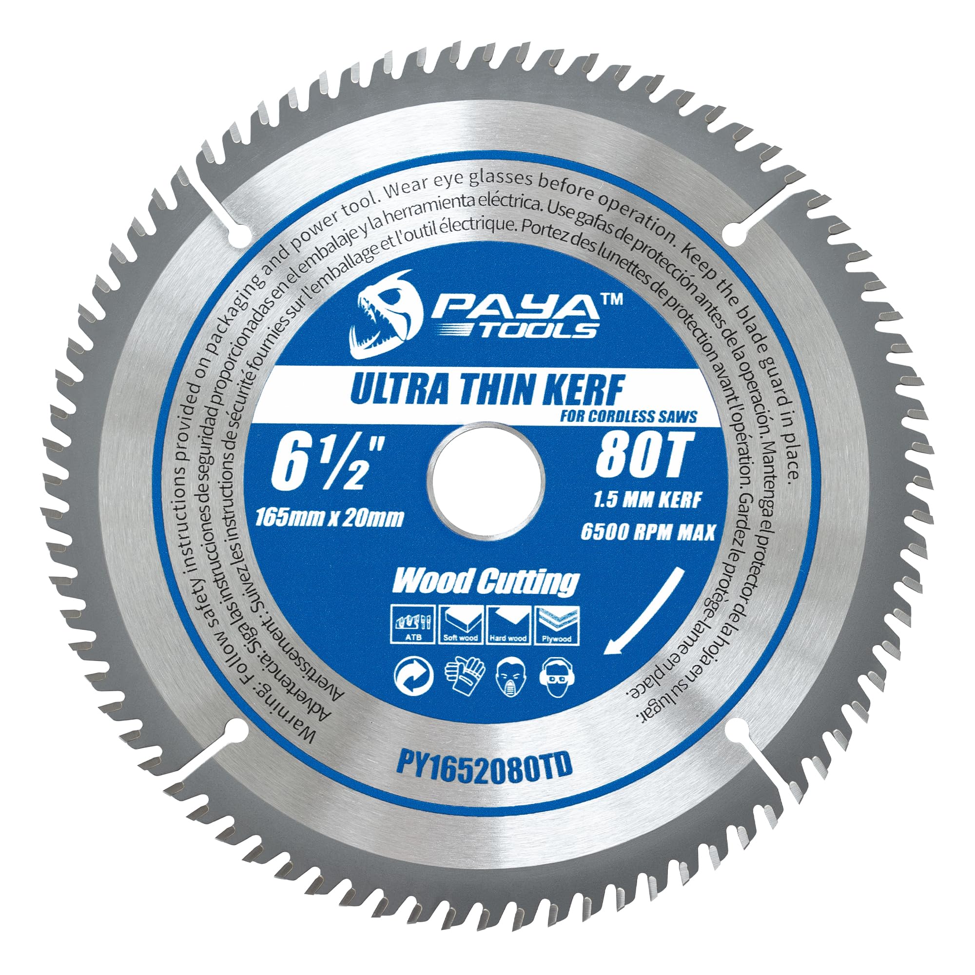 PAYA TCT Kreissägeblatt Ø 165 mm x 20 mm 80 Zähne Ultradünner Schnitt Kreissäge Zubehör Sägen Heimwerken Schneiden Brennholz Für Paletten, Holz etc. PY1652080TD TÜV Rheinland Tested and Certified