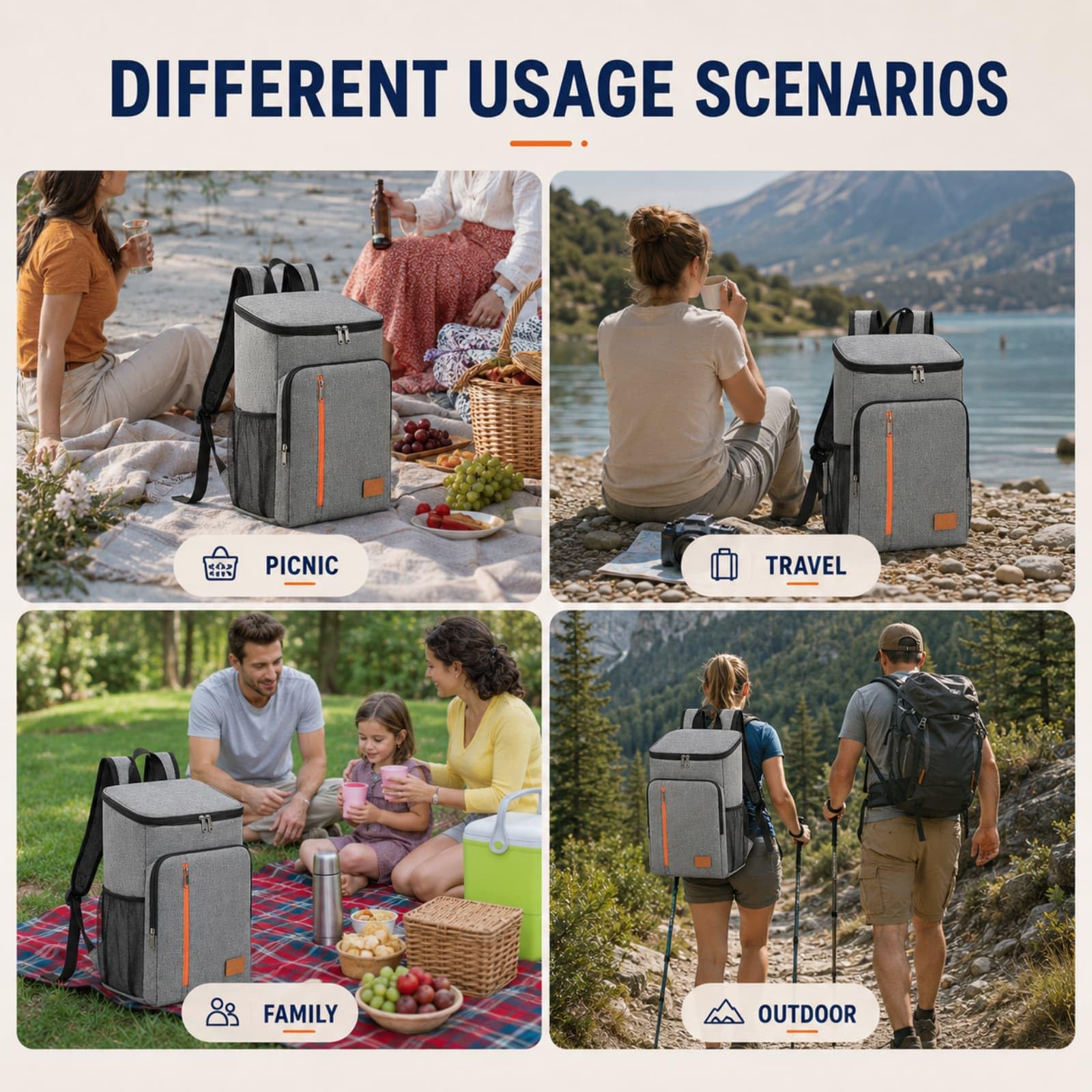 Surwin Zaino Frigo Termico,Zaino Termica Porta Pranzo Borsa Frigo Impermeabile Portatile Grande Capacità 18L Borsa da Picnic Resistente Leggero per Uomo Donna, Campeggio (Grigio,39.5x27x17cm)