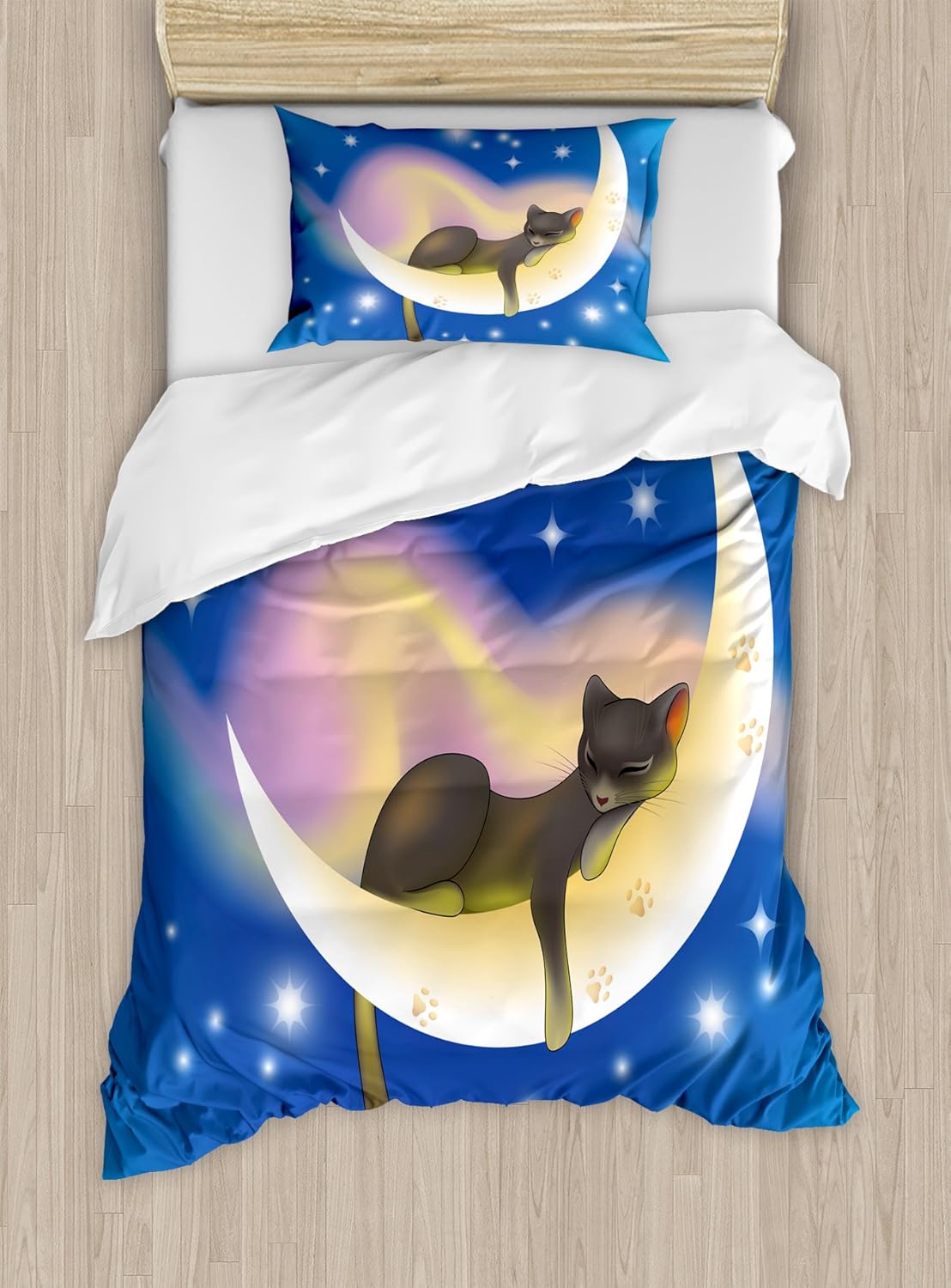 Ambesonne Cat Duvet Cover Set, Cat Sleeping on Crescent Moon Stars Night Dreams Themed Design, Decorative 3 Piece Bedding Set with 2 Pillow Shams, Twin Size, Yellow Blue