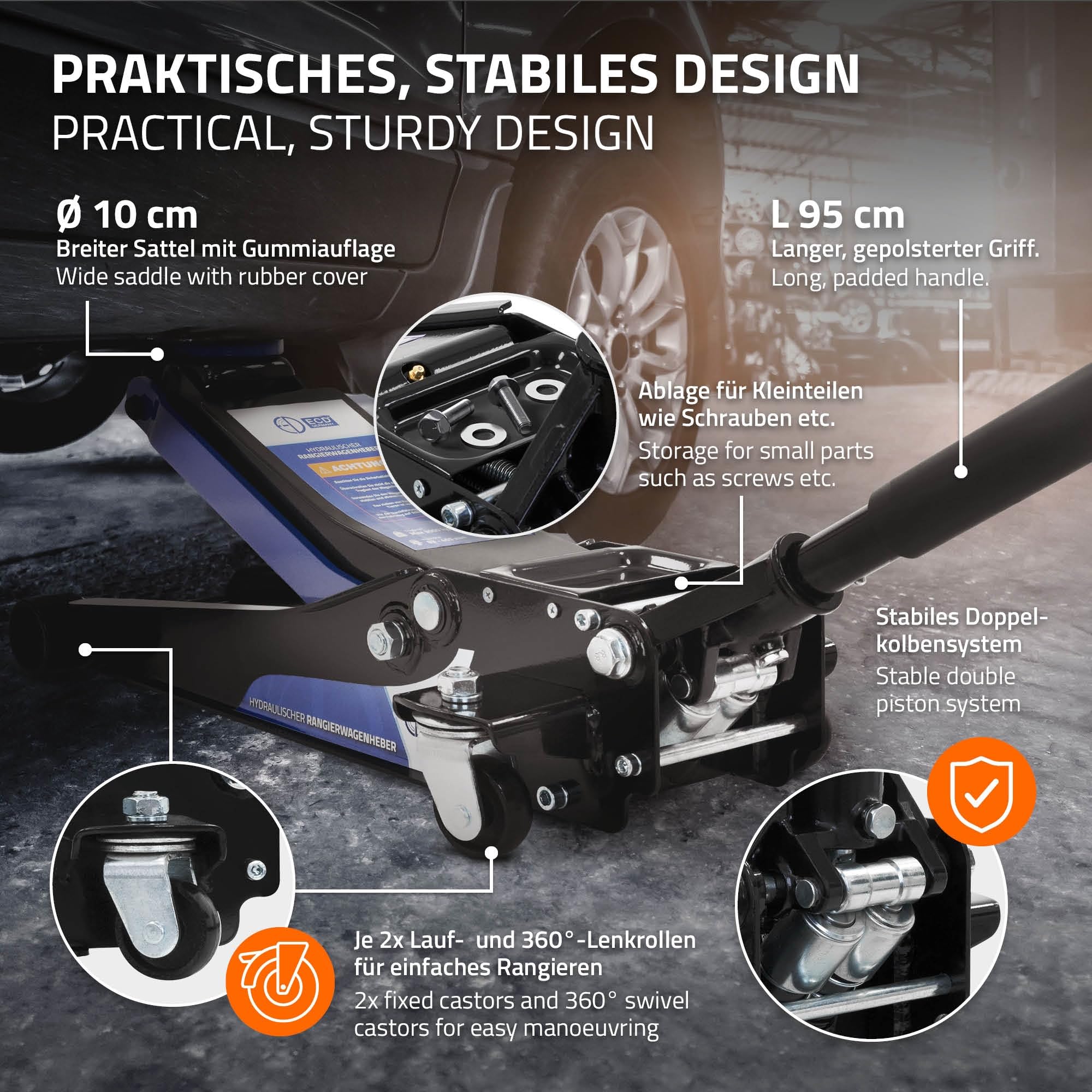 ECD Germany Gato Hidráulico 3T 83-465 mm Elevación Plana con Almohadillas de Goma y Rodillos 360°