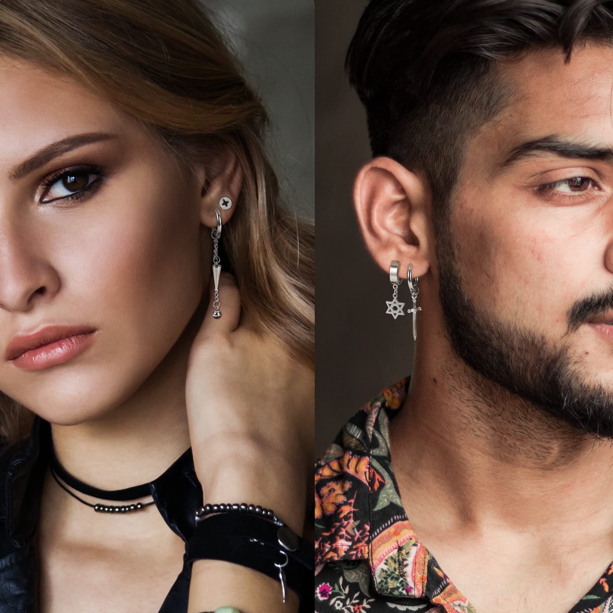 Adramata 12 Paia Orecchini Uomo Set di Orecchini a Cerchio in Acciaio Inossidabile Orecchini a Punta Orecchini Croce Pendenti Orecchini Punk Orecchini Argento Nero Orecchini per Uomo Donna