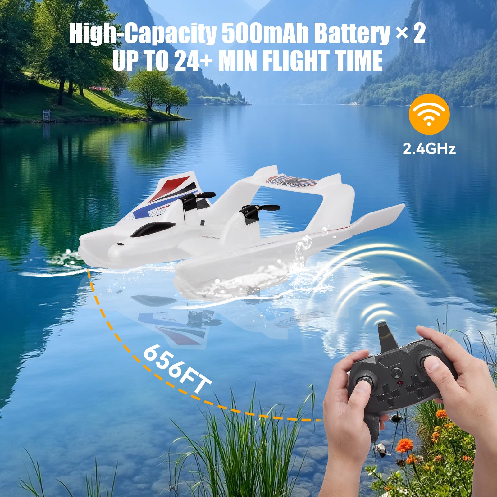 Avión RC Anfibio 3 en 1, 2.4GHz 3CH, para Tierra, Agua y Aire, con 2 Baterías, Material EPP, Blanco