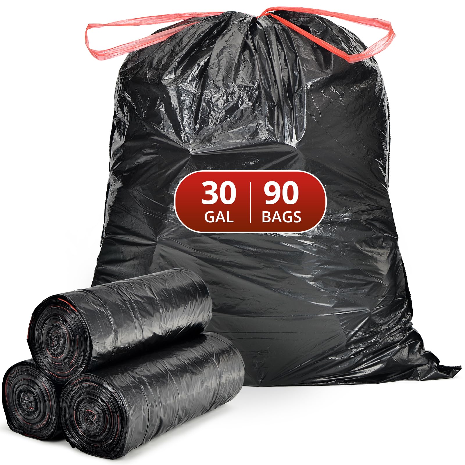 30 Gallon Trash Bags with Drawstring (90 Count) Heavy Duty Large Garbage Bags, Strong Plastic Trash Can Liners for Kitchen, Yard, Industrial, Commercial Needs, Black