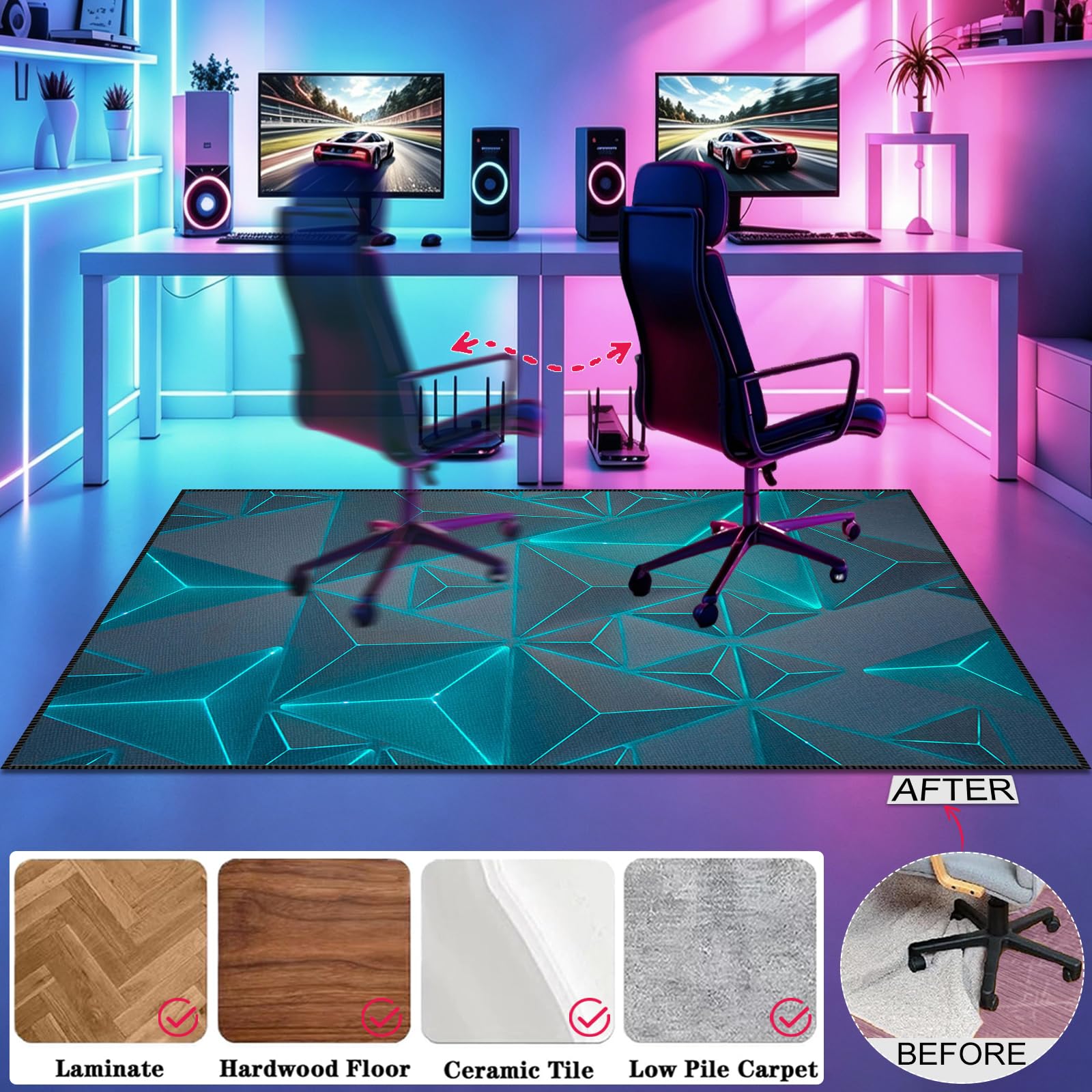 Tappetino Antiscivolo per Sedia da Gioco, Protezione per Pavimento per Scrivania, Tappeto da Gioco per Camera dei Ragazzi, Tappeto per Sedia Gaming, 3D Esports Tappeti, Tappeto Salotto 80 x 160cm