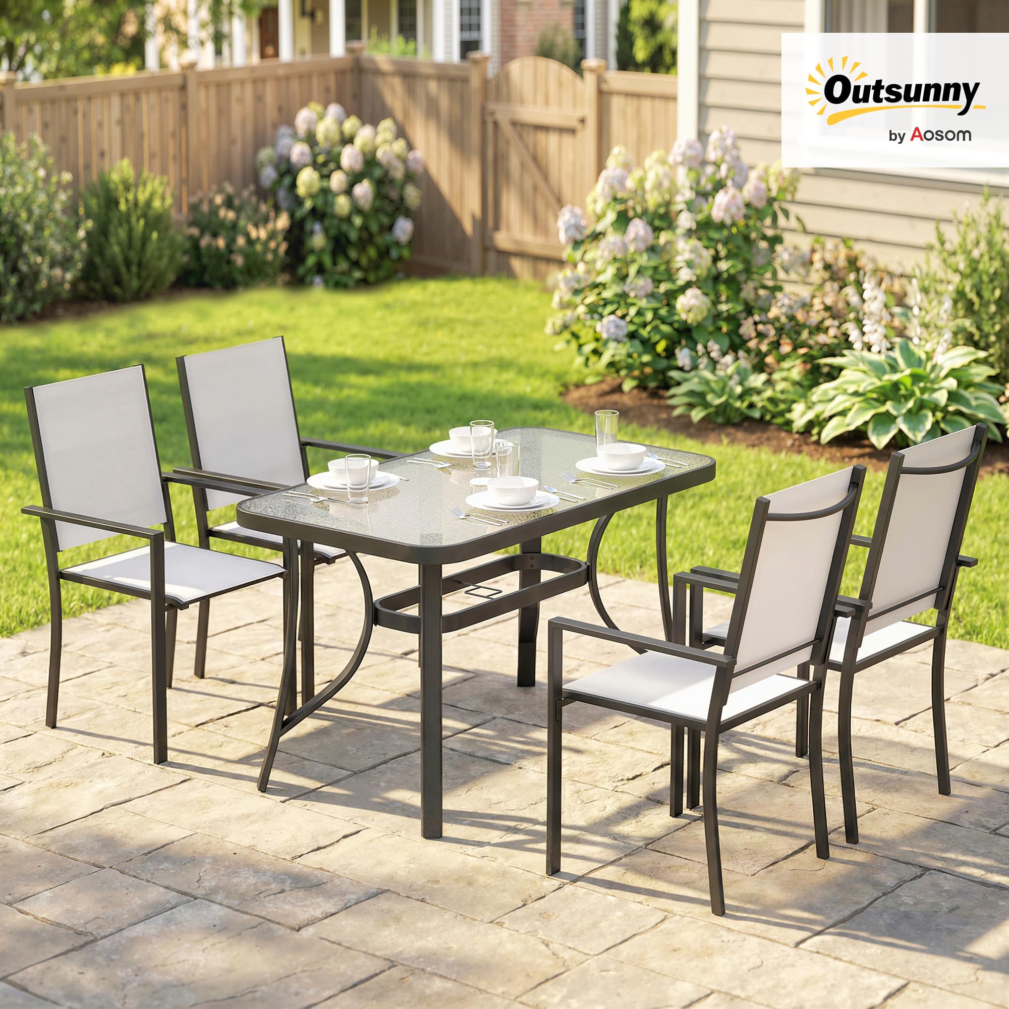 Outsunny Set Tavolo e Sedie da Giardino 5 Pezzi, Set Pranzo Esterno con 4 Sedie Impilabili Texteline, Tavolo Vetro Temperato, Foro Ombrellone, Acciaio, Grigio Chiaro