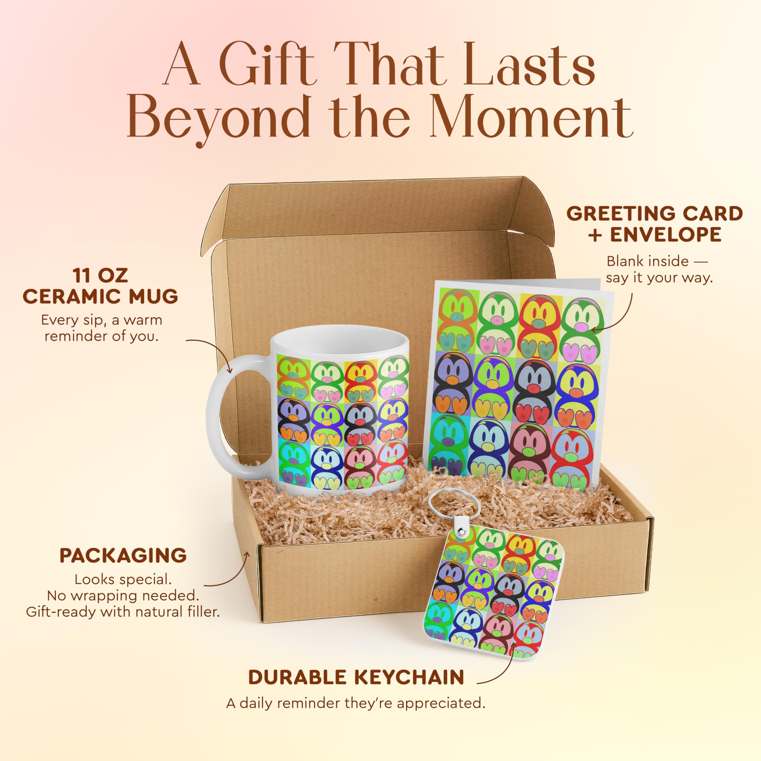 3dRose Cute Penguin Gift Set for Kids – Includes Mug, Keychain, and Card – Colorful Cartoon Design for Holidays and Birthdays