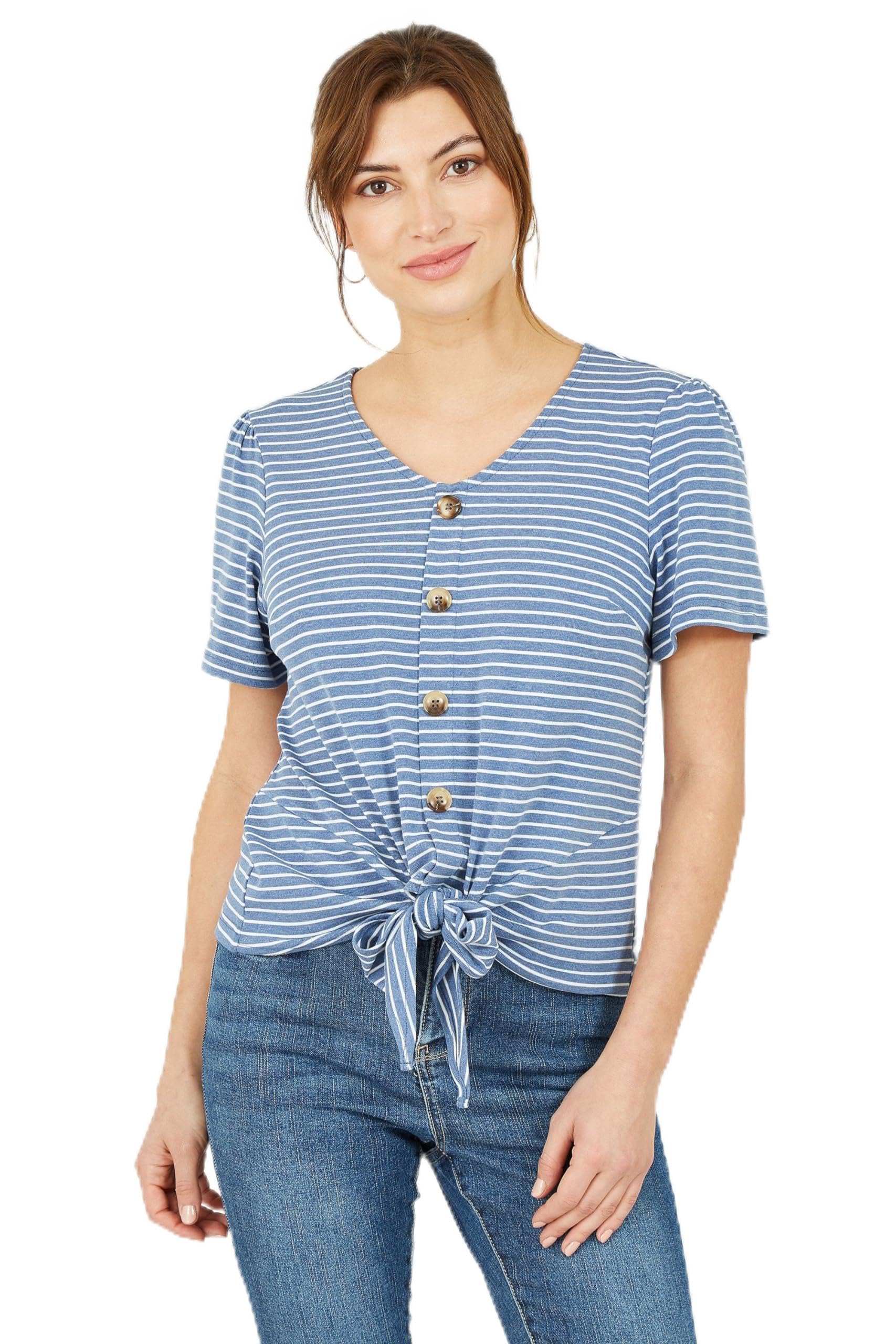Yumi Blue Striped Jersey Button Detail Top Blue 10