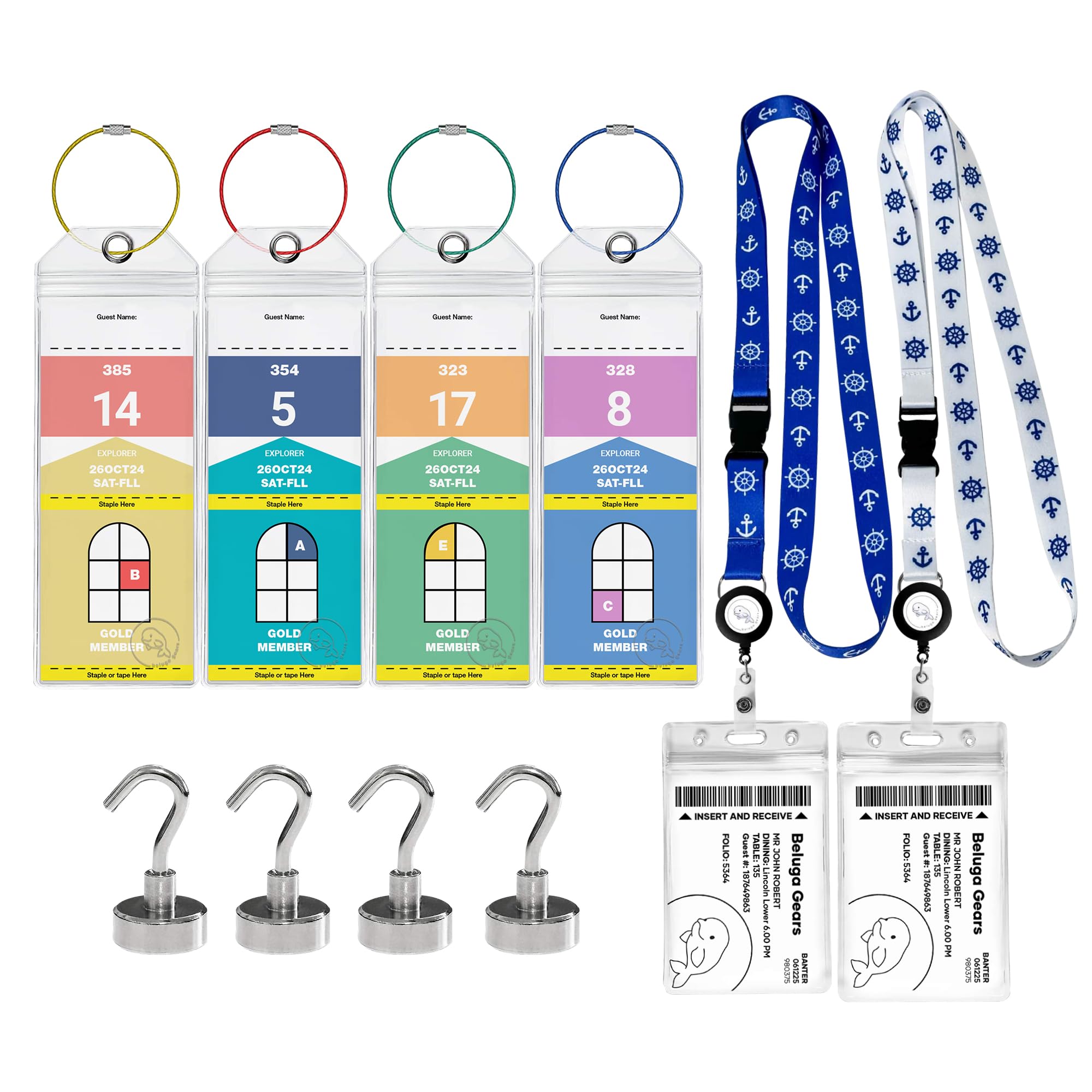Cruise Luggage Tags Essentials 4 Sets with Zip Seal and Steel Loops + 2 Cruise Lanyard Detachable ID Holder Badge + 4 Cruise Cabin Magnetic Hooks (