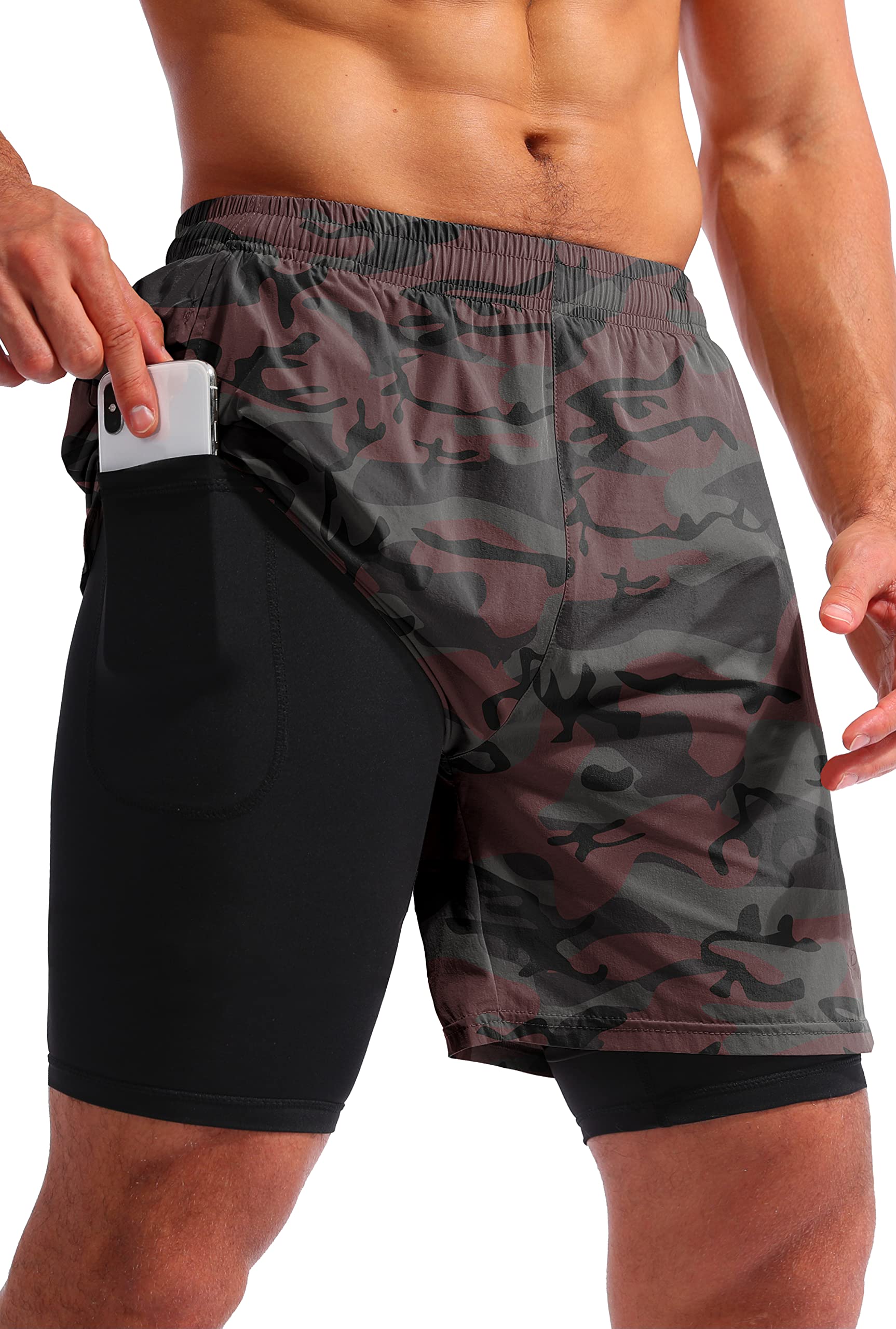 Pudolla Men’s 2 in 1 Running Shorts 5" Quick Dry Gym Athletic Workout Shorts for Men with Phone Pockets