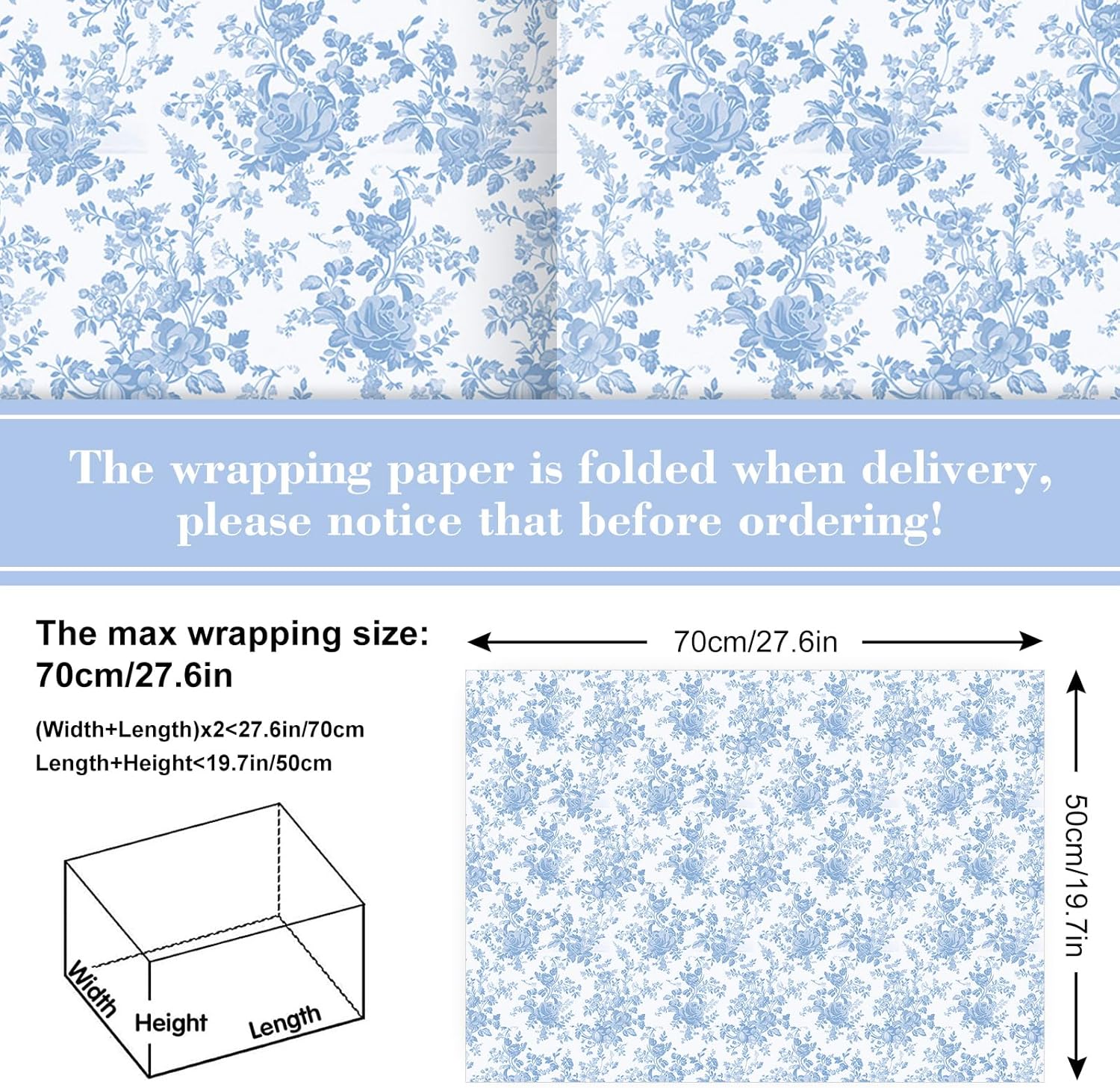 Whaline 20 Pcs Blue Bow Flower Wrapping Paper -Not Roll- Chinoiserie Floral Dots Stripe Plaid Gift Wrap Paper Folded Flat for Wedding Baby Shower Birthday Party DIY Craft, 19.7 x 27.6 Inch