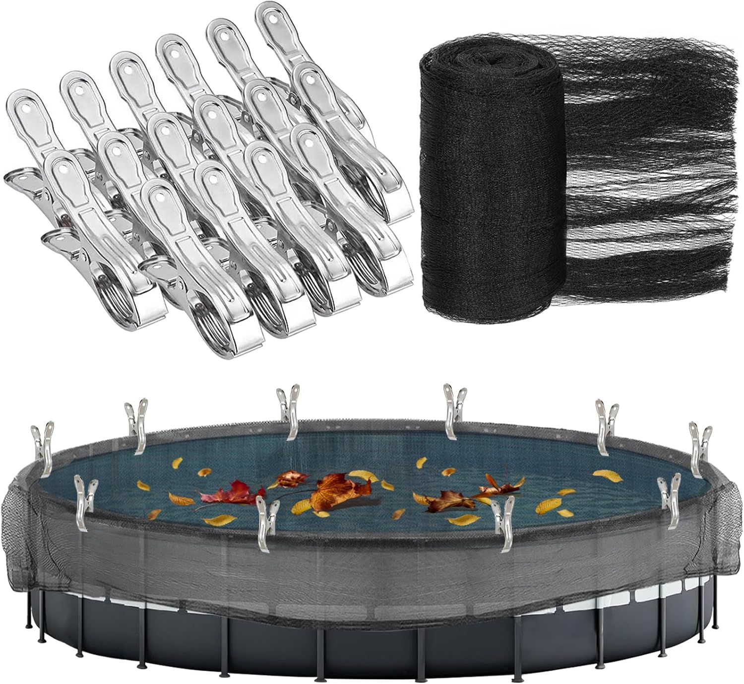 26.2 Feet Round Leaf Net Cover for Above Ground Pool, Winter Cover Mesh Cover with 16 Pcs Large Metal Clips?Pool Safety Net Fits 24FT Above Ground Pools, Keeps Leaves Out of Pool(Black Sqaure Net) For 24' Round Pool