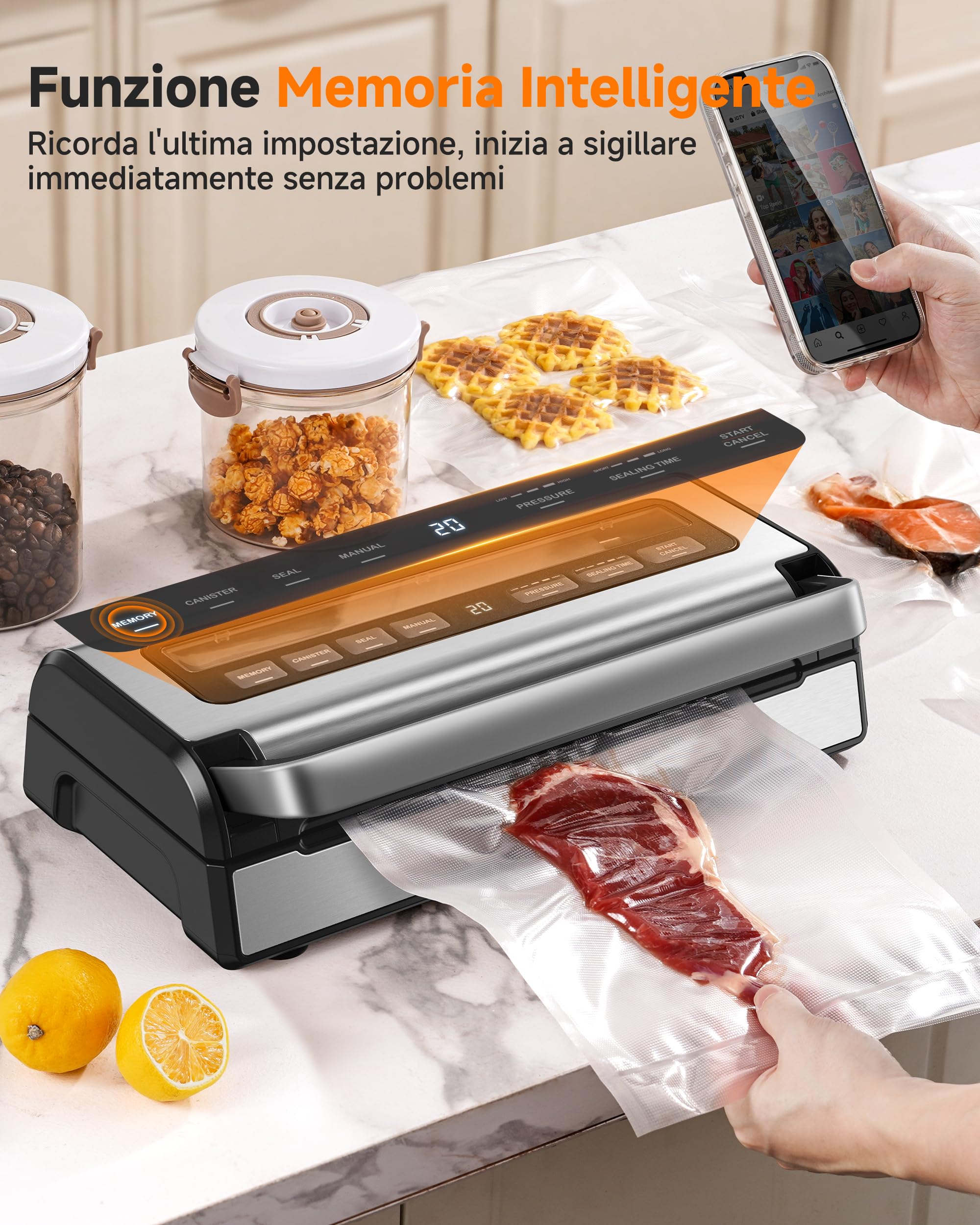 Macchina Sottovuoto 95 kPa, 9-in-1 Macchina Sottovuoto Alimenti con Modalità Tempo & Pressione Regolabili, Memoria, Doppia Sigillatura, Taglierina & Porta Sacchetti Integrati, Incl. 2 Rotoli &Tubo