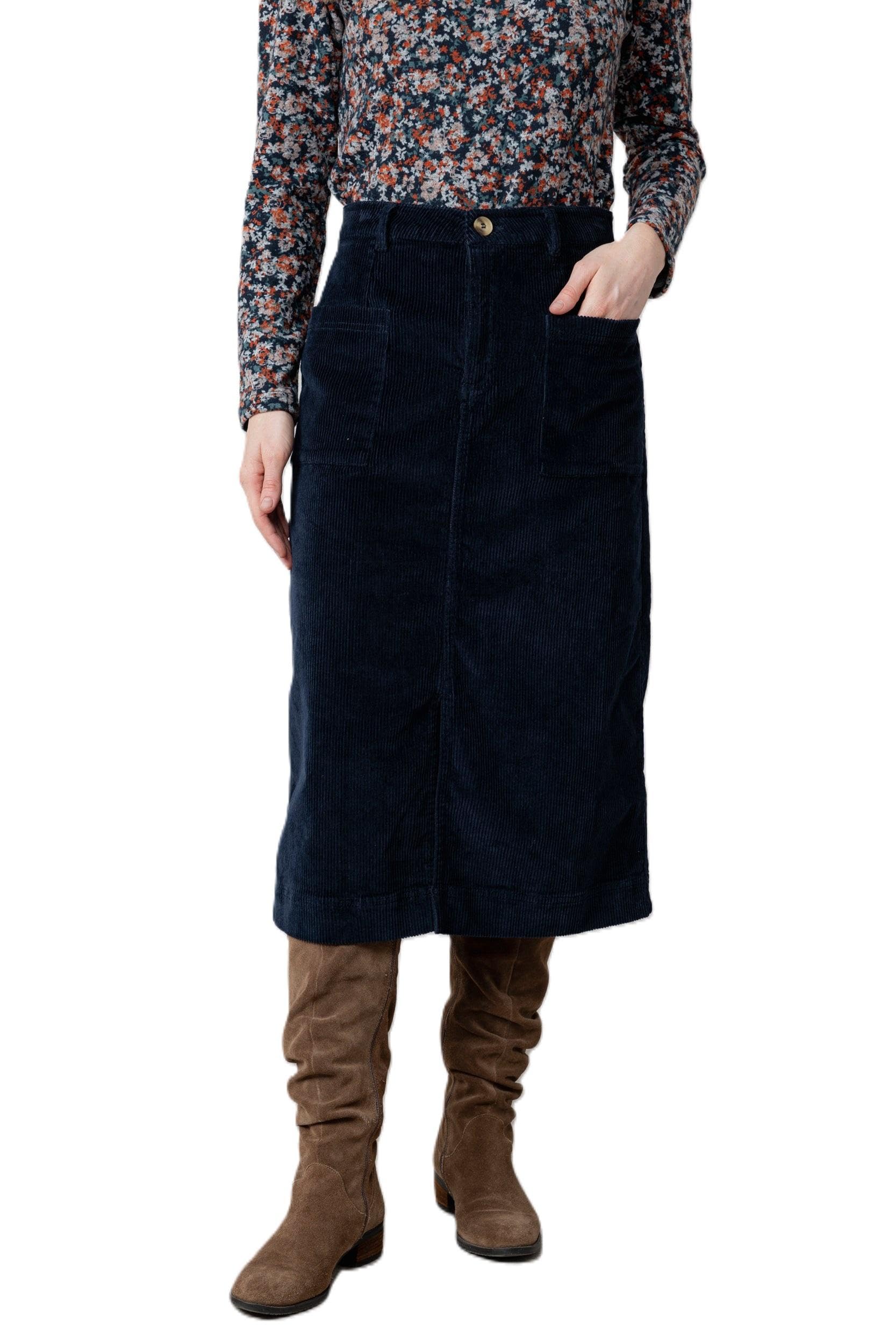 Lily & Me Navy Penrose Stretch Jumbo Cord Midi Skirt - Size 18