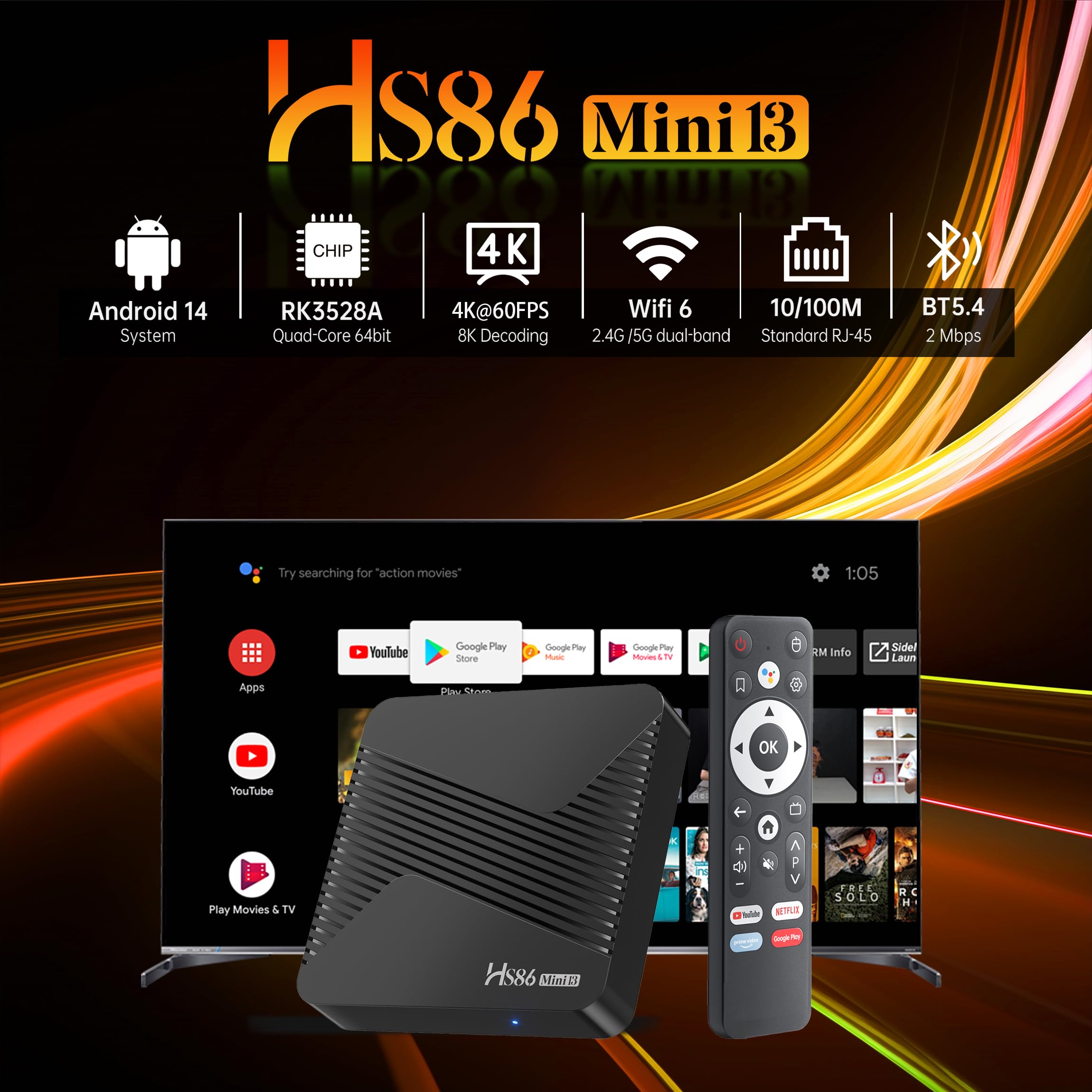HS86 MINI13 Android 14.0 TV Box 4K@60FPS Android Box 4G RAM 64G ROM RK3528 HD 8K UHD Smart TV Box 2,4 GHz 5,0 GHz Doppio WiFi6 HDR10 BT5.4 10/100M LAN Ethernet Telecomando Bluetooth