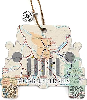 Moab, Utah Trails All Terrain Vehicle Shaped Wood Map/Art Ornament | 4” Wood Hanging Map Ornament with Map Art & Compass Charm | Perfect for Gift, Truck, & Accent Christmas Tree